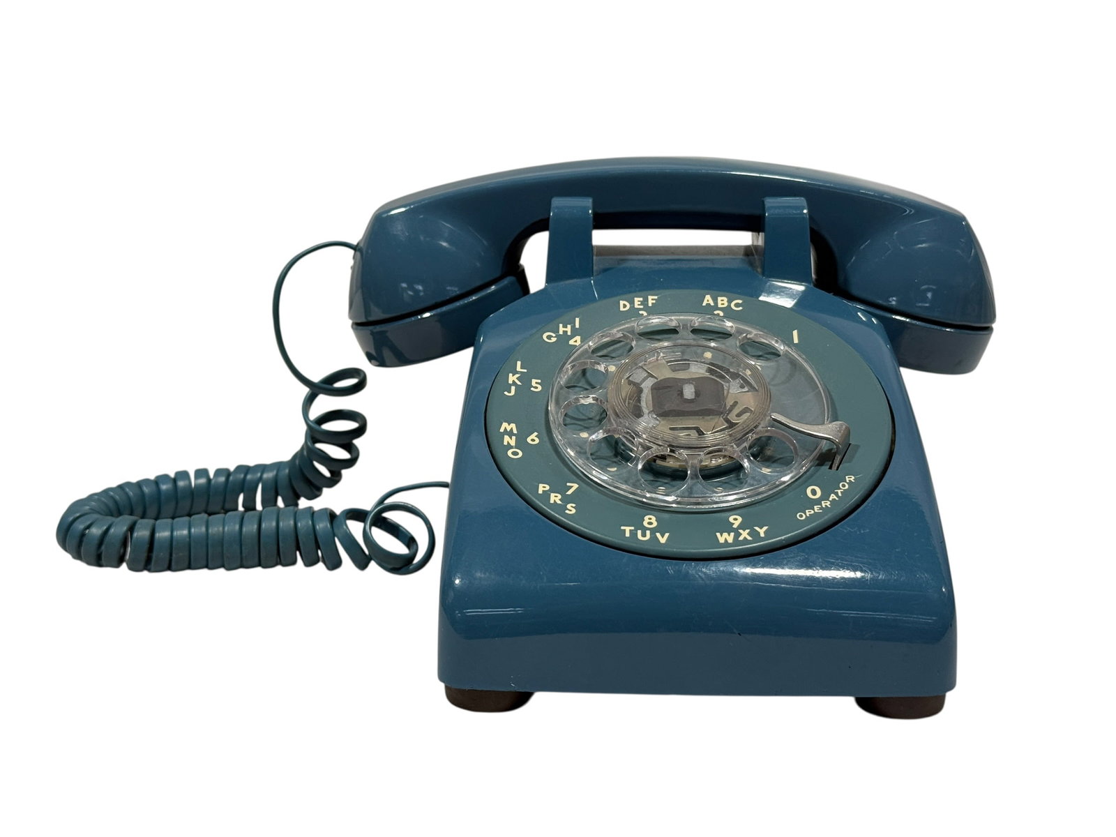 Vintage Bell System Western Electric Model 500 Blue Rotary Telephone: Classic Bell System / Western Electric model 500 rotary desk telephone in an attractive medium blue colorway, dating to the late 1960s through 1970s. This authentic rotary phone features the original 