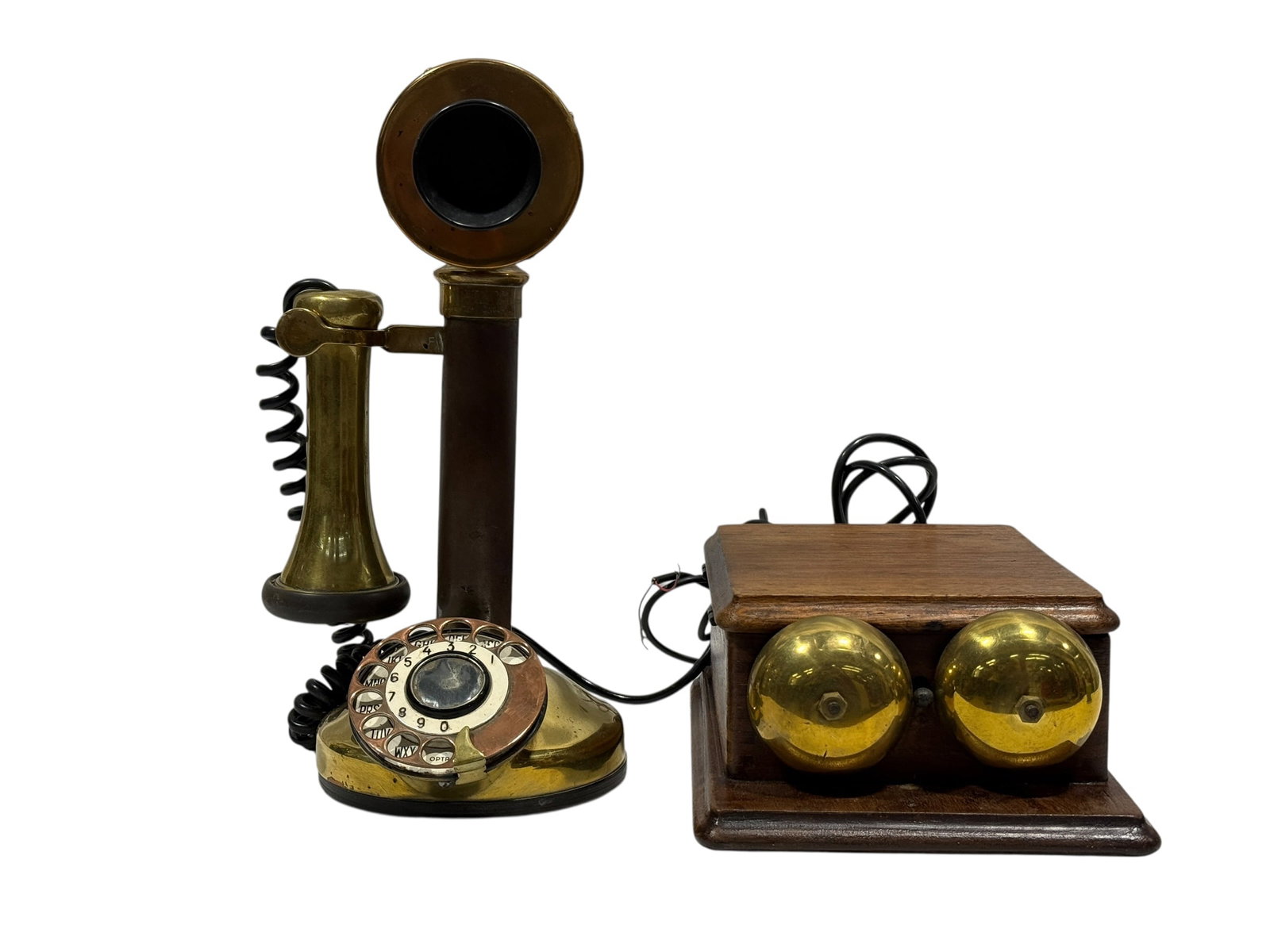 Vintage British Candlestick Telephone with Wood Ringer Box: Early to mid-20th century British candlestick telephone set featuring a brass and dark metal upright telephone paired with a separate wooden dual-bell ringer box. The underside of the wooden box is st
