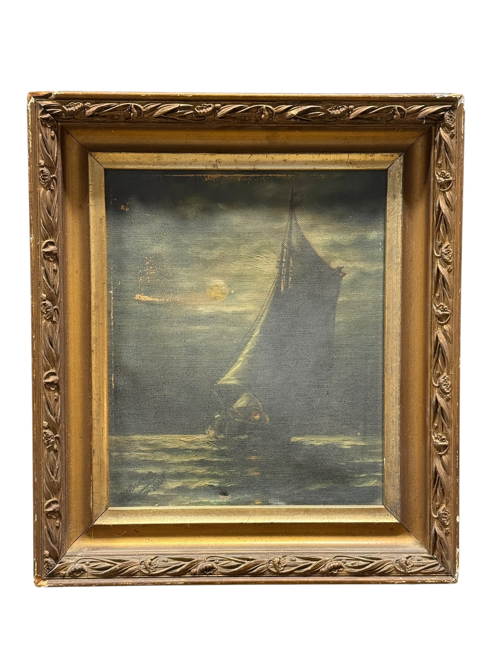 Signed W. Bonnie 1907 Moonlit Sailboat at Sea Oil on Canvas (1 of 11)
