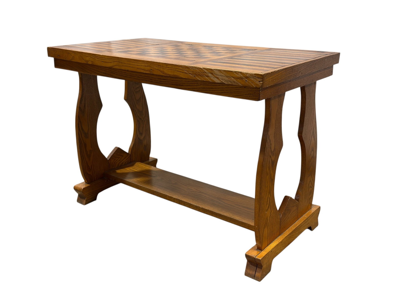 Oak Game Table w/ Inlaid Chessboard Top & Lower Shelf (1 of 9)