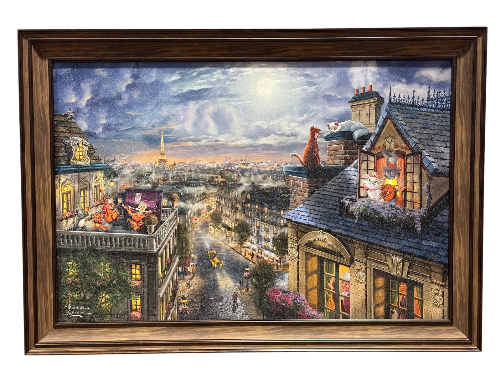 Thomas Kinkade Disney “The Aristocats?? Framed Giclée on Canvas: Thomas Kinkade Studios Disney-themed giclée on canvas depicting a charming Parisian rooftop scene inspired by The Aristocats. The composition overlooks the illuminated streets of Paris with the