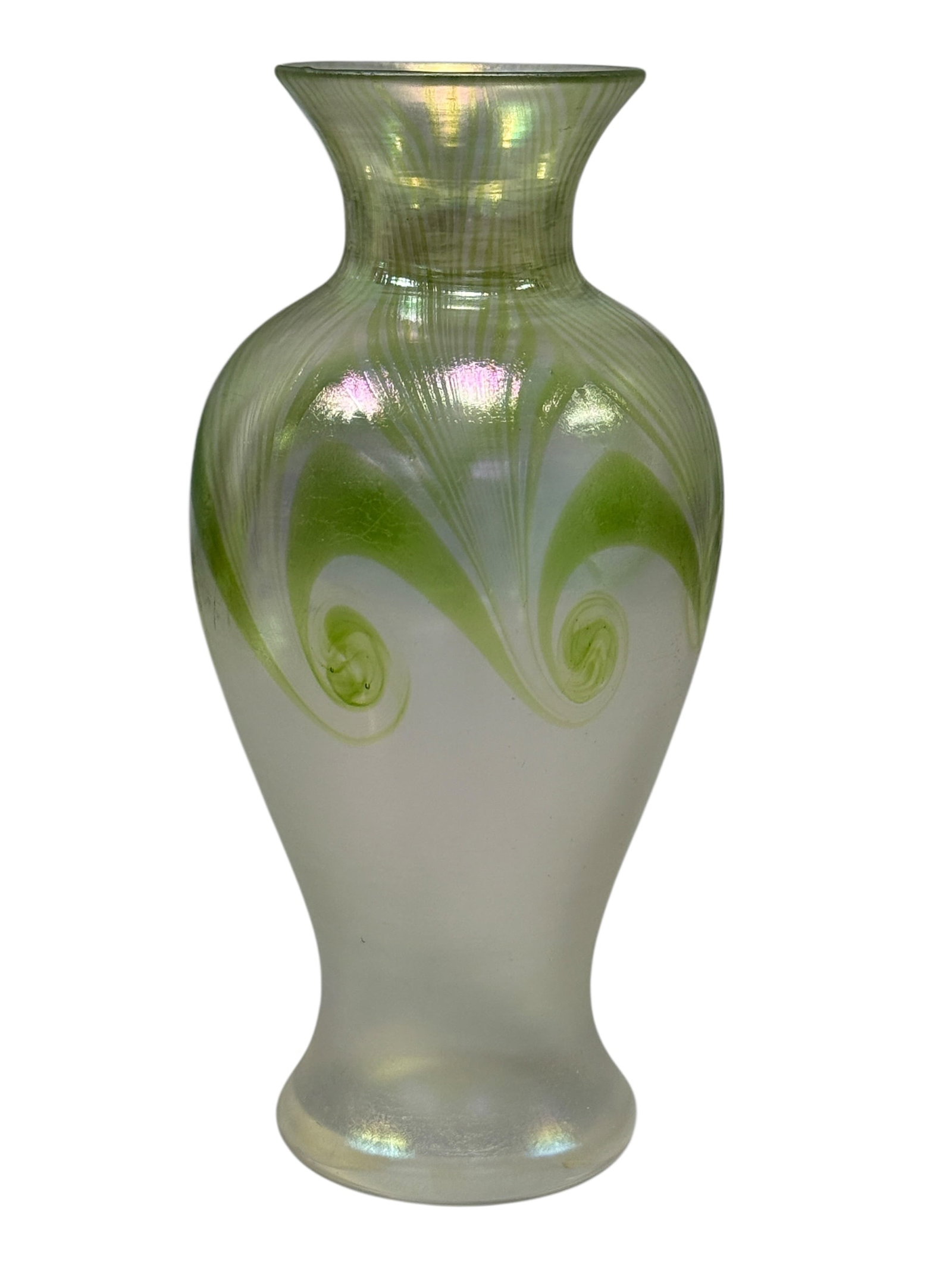 Rare Steuben Aurene Pulled Feather Art Glass Vase: Rare early twentieth-century Steuben art glass vase featuring an elegant baluster form with flared neck, executed in a frosted alabaster-white ground with luminous Aurene iridescence. The decoration c