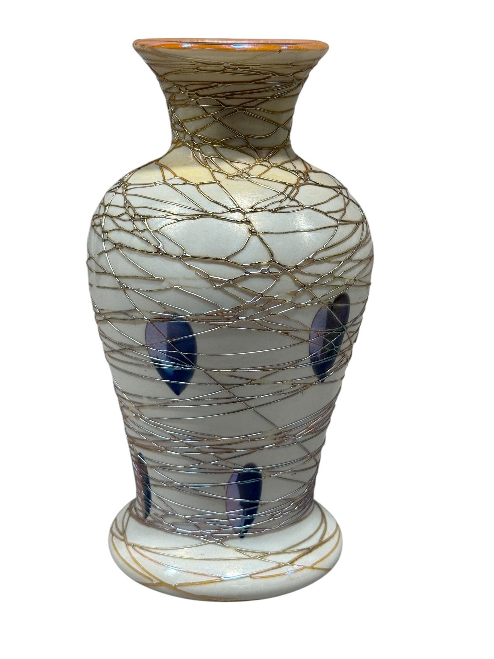 Attributed to Durand Art Glass Threaded Heart & Vine Vase: Attributed to the Durand Art Glass Company of Vineland, New Jersey, this elegant art glass vase features a white opalescent body decorated with extensive applied gold threading and scattered