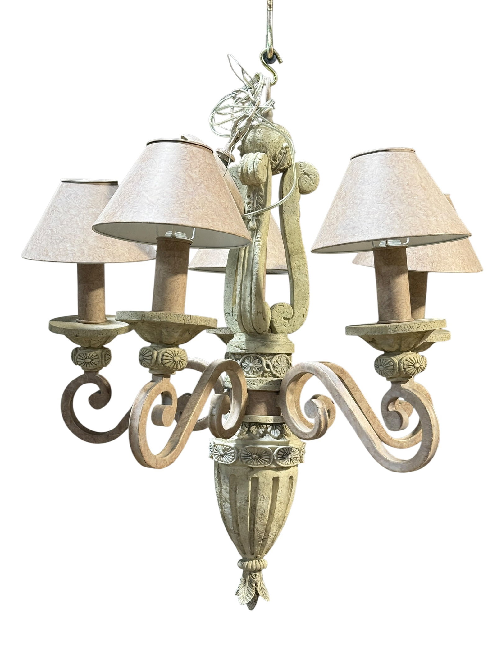 Five-Light Distressed French Country Chandelier with Fabric Shades: Decorative five-light chandelier executed in a French Country and European farmhouse style, featuring an antiqued distressed finish with carved acanthus and rosette details throughout the central stan