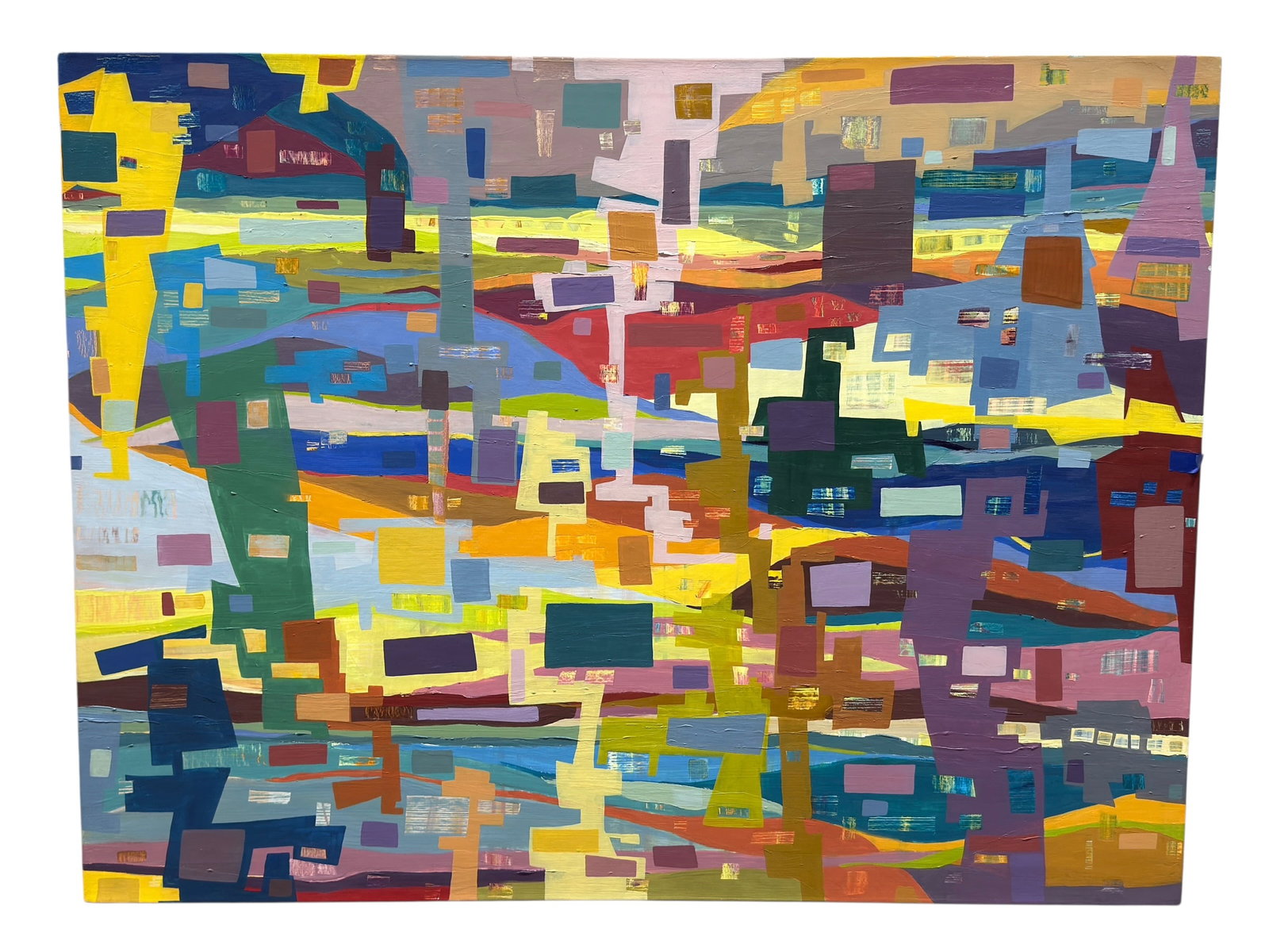Mid-20th Century Large Abstract Oil on Canvas: Large mid-20th century abstract oil on canvas featuring a vibrant geometric composition of layered rectilinear forms in bold shades of cobalt blue, teal, yellow, lavender, burgundy, green, and ochre, 