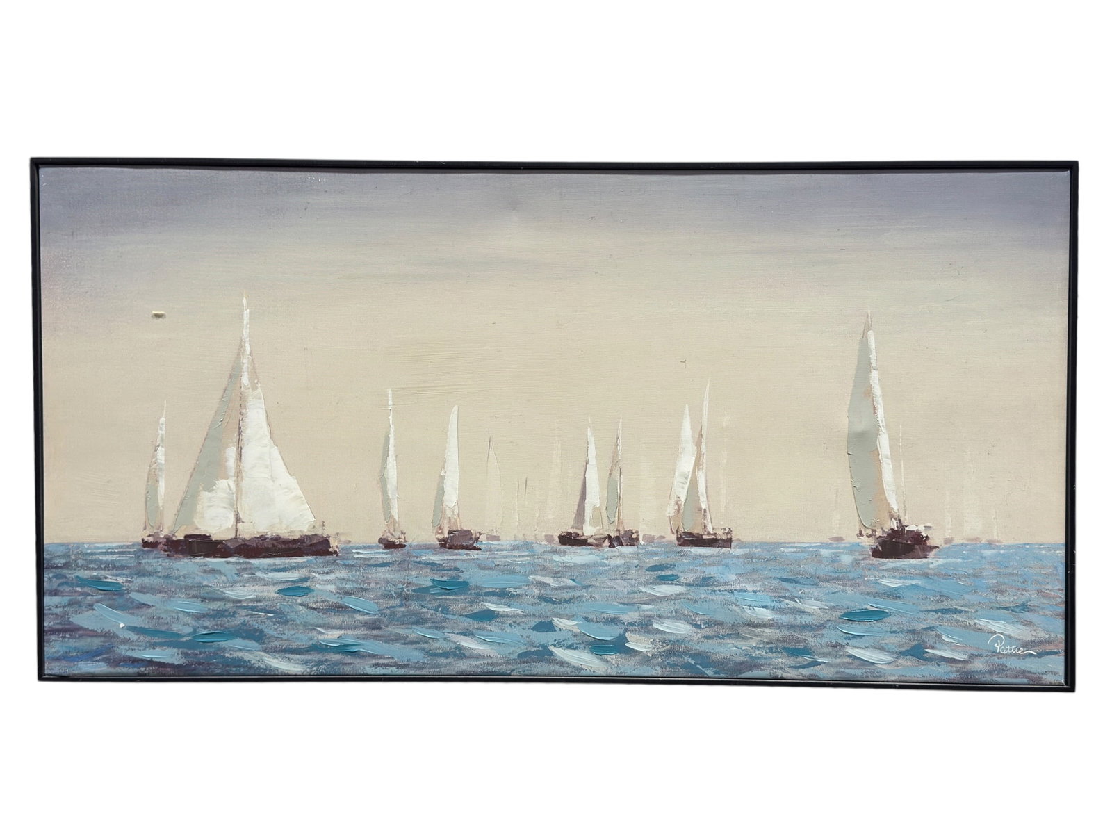 Hand Embellished Coastal Sailboat Print: Large hand embellished print depicting a tranquil regatta of sailboats gliding across calm blue waters beneath a soft, atmospheric sky. The composition features raised palette-knife style paint applic