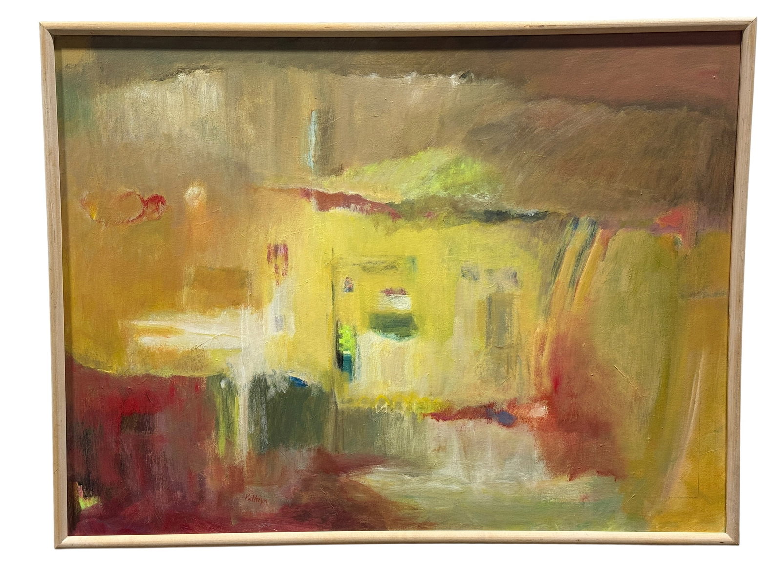 20th Century Signed Abstract Oil on Canvas Painting: Large 20th century abstract oil on canvas painting signed “Kathryn” in the lower left. Executed in an expressive modern style, the composition features layered brushwork and a harmonious palet
