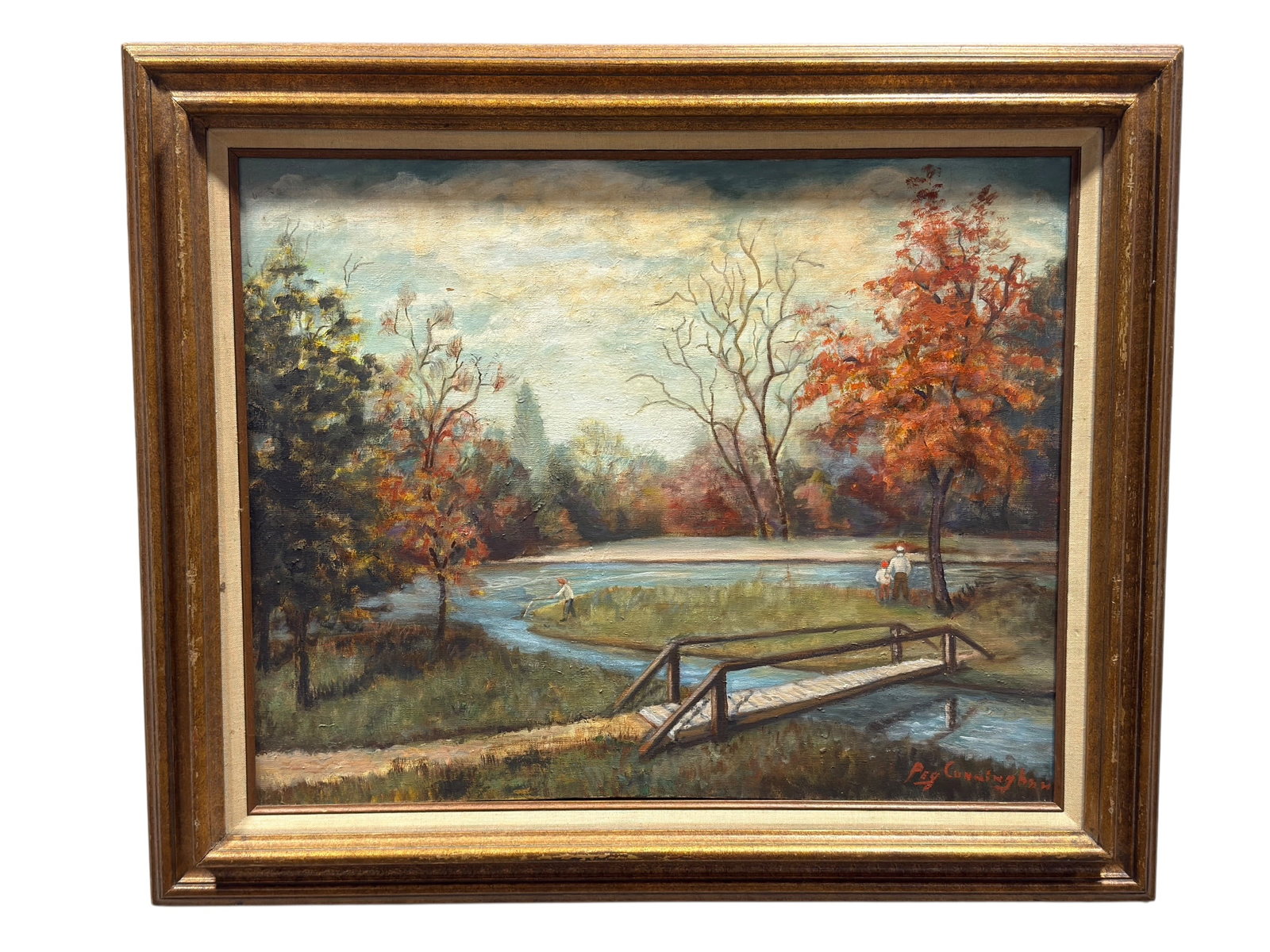 Peg Cunningham Oil on Canvas Autumn Landscape w/ Footbridge (1 of 10)