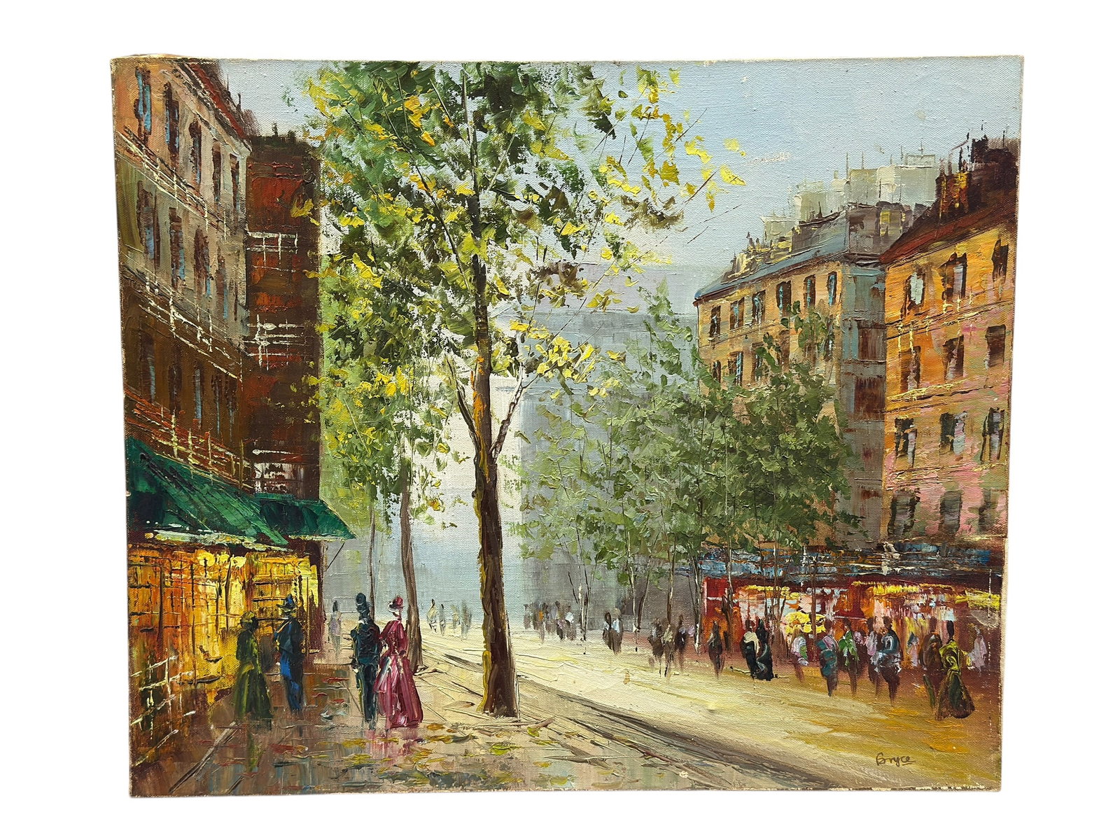 Signed Bryce Impressionist Street Scene Oil on Canvas: A signed oil on canvas depicting a lively European street scene with tree-lined boulevard, pedestrians, and storefronts rendered in an impressionistic palette of warm earth tones and vibrant greens. S