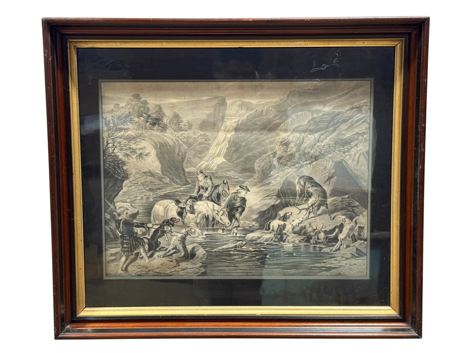 After Edwin Landseer "The Illicit Highland Whisky Still" Engraving Print: After Sir Edwin Landseer (British, 1802–1873), an engraved print depicting The Illicit Highland Whisky Still, showing Highland figures crossing a stream on horseback with hunting dogs, deer, and a d