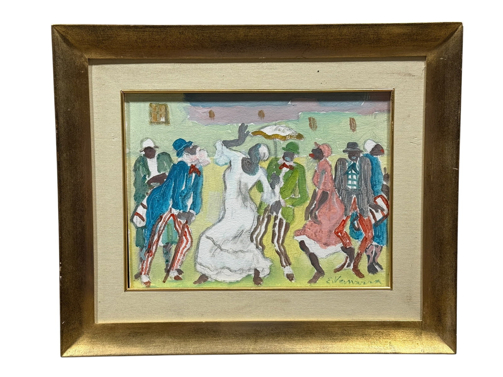 Siged 20th Century Haitian Folk Art Oil on Board Painting: Colorful 20th century Haitian folk art oil on board depicting a lively outdoor village celebration with elegantly dressed figures dancing to live music beneath a pastel sky. Executed in the expressive