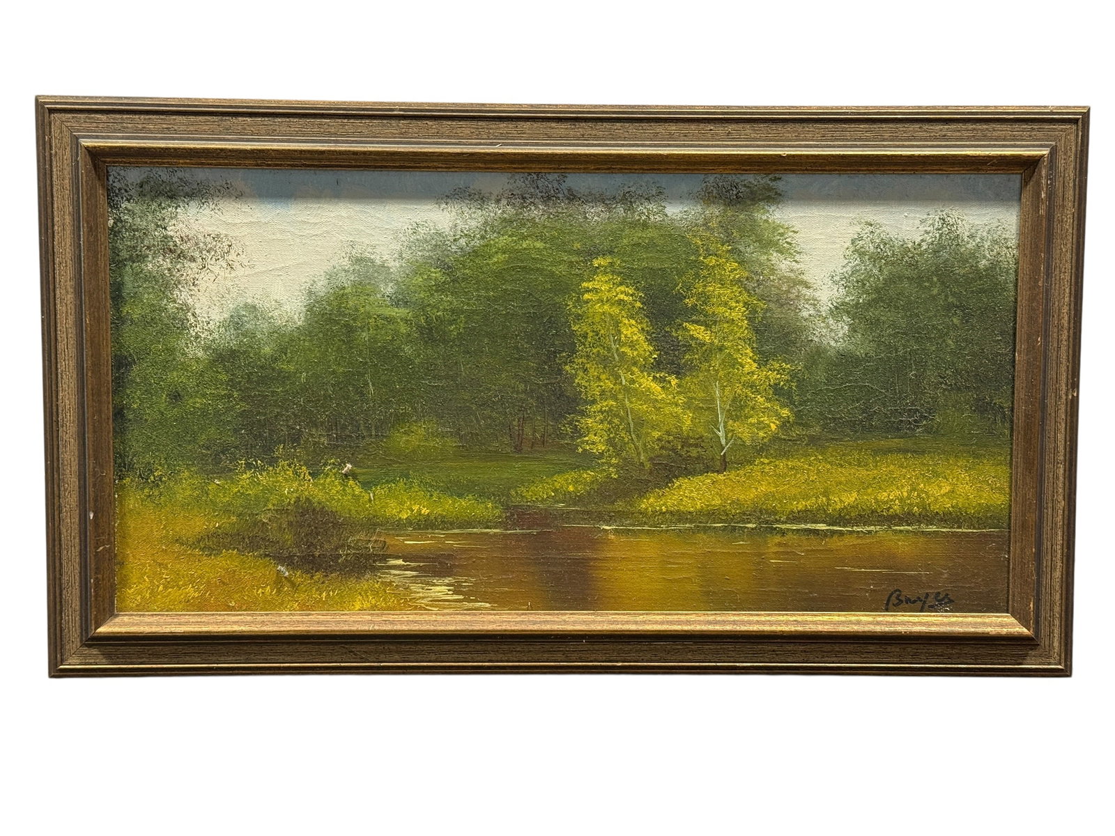 20th Century Signed "Bayer" French Landscape Oil on Canvas: 20th century signed oil on canvas landscape depicting a tranquil French riverside scene with lush trees, grassy banks, and calm reflective water under a soft sky. Signed “Bayer” (appears to re