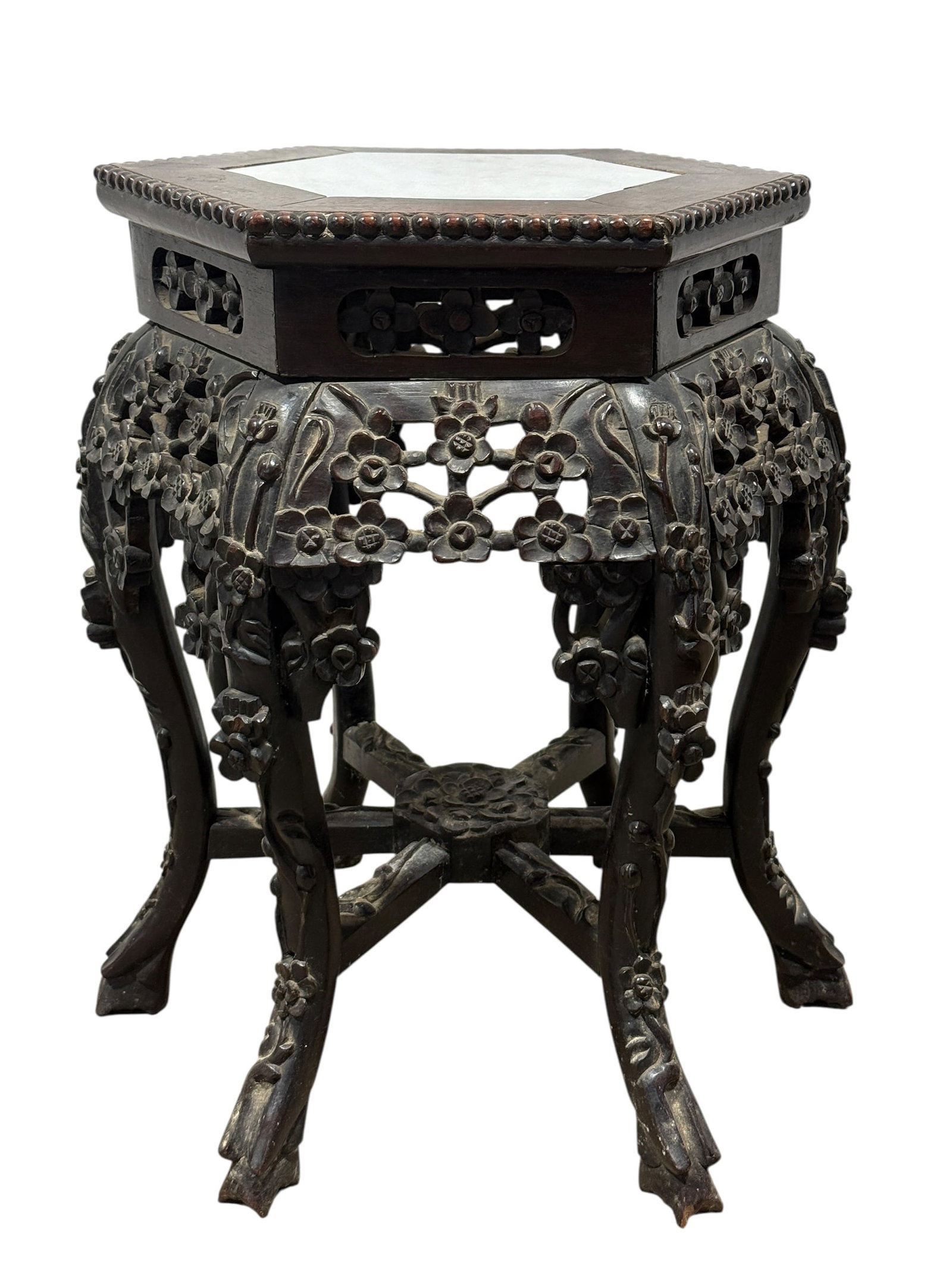 Antique Chinese Carved Hardwood Hexagonal Marble-Top Stand (1 of 5)