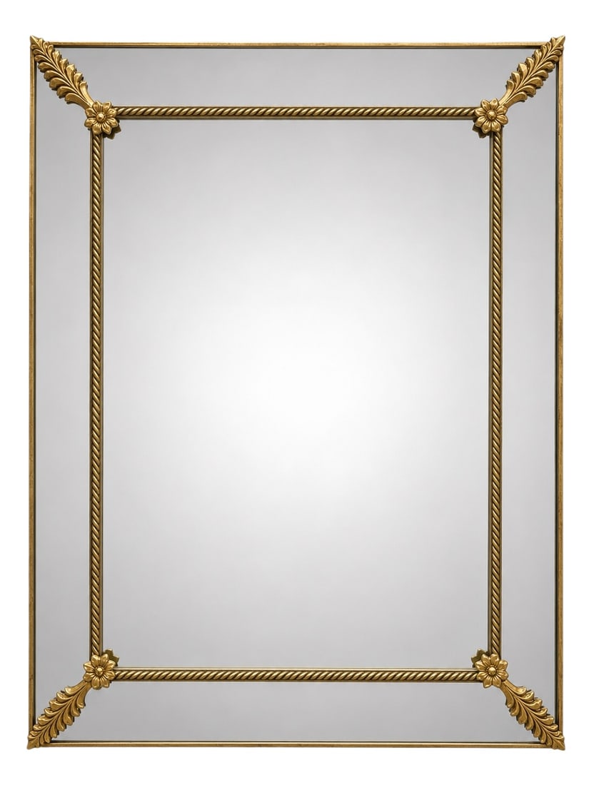 Designer Neoclassical Style Giltwood and Sectional Glass Wall Mirror: This striking Neoclassical style rectangular wall mirror features a multi-plate sectional design, centering a large rectangular glass panel enclosed by an inner carved rope-twist frame. Each of the fo