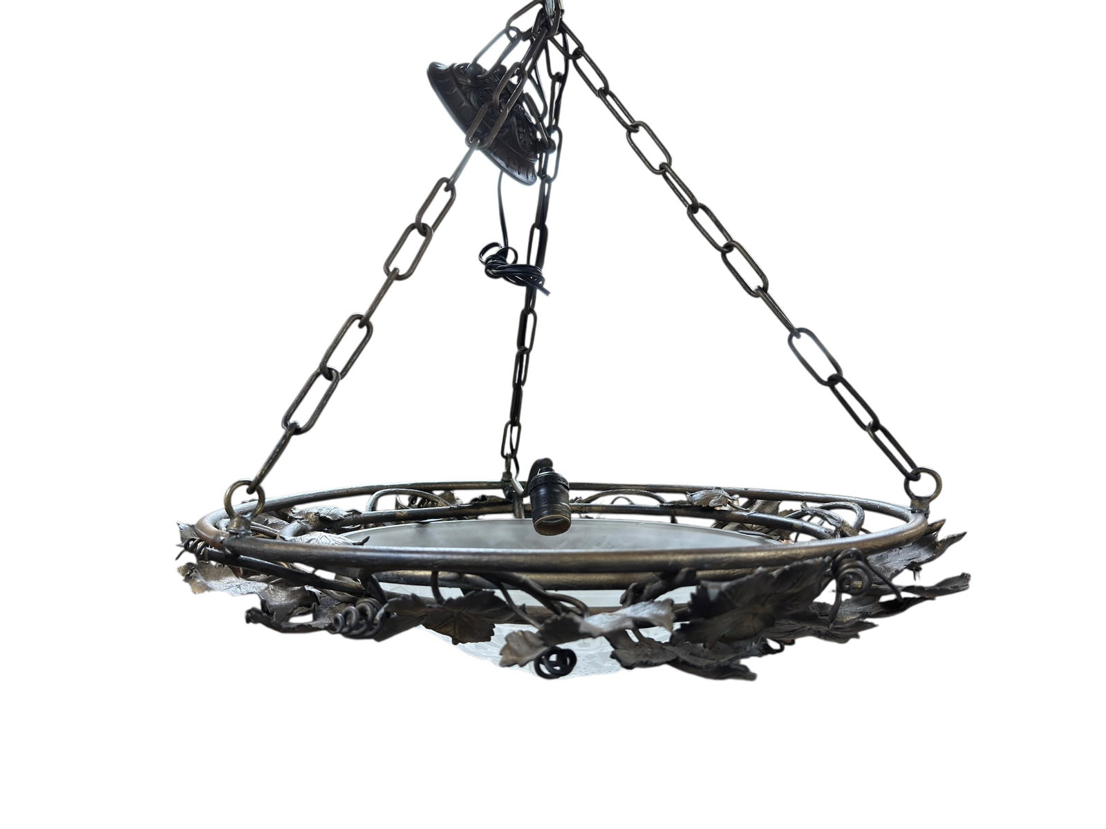 Signed Muller Freres Luneville French Art Deco Wrought Iron & Molded Glass Chandelier (1 of 7)
