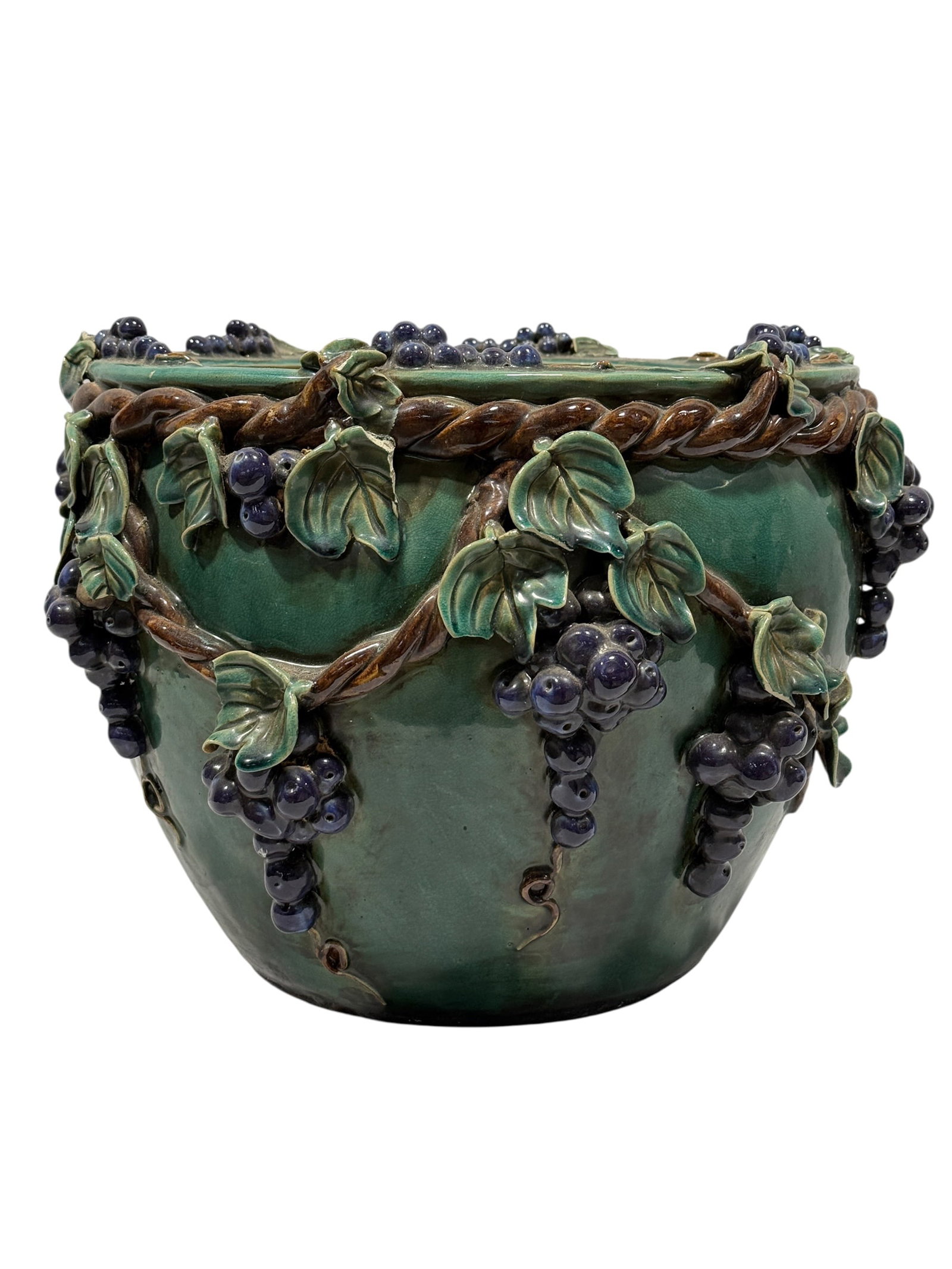 20th Century Majolica Style Grapevine Motif Glazed Ceramic Jardiniere (1 of 11)