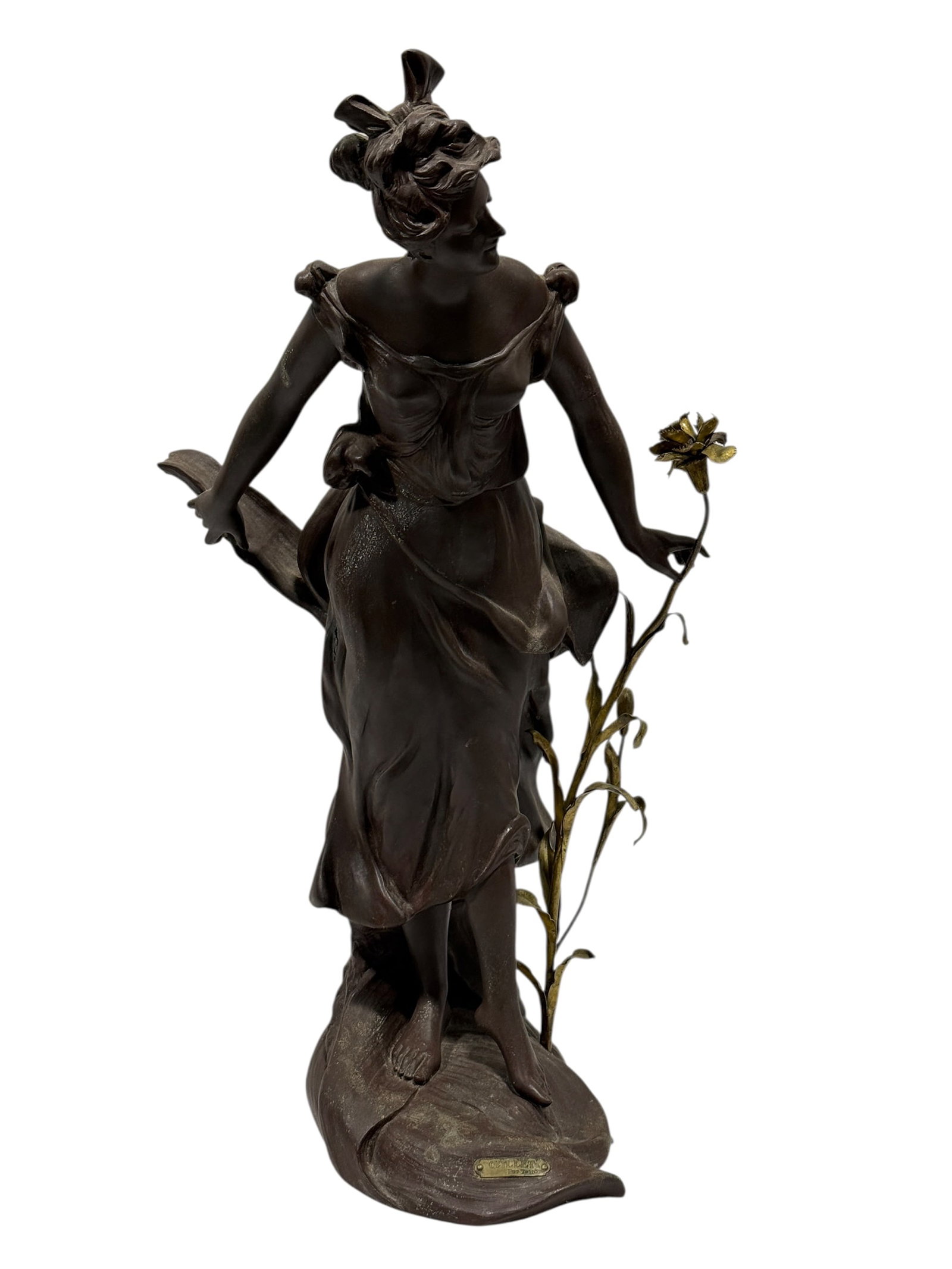 Art Nouveau Patinated Spelter Sculpture "Oeillet": A turn-of-the-century Art Nouveau patinated white metal / spelter sculpture titled "Oeillet" (French for Carnation), personifying the flower as an elegant, flowing female figure. The piece features a 