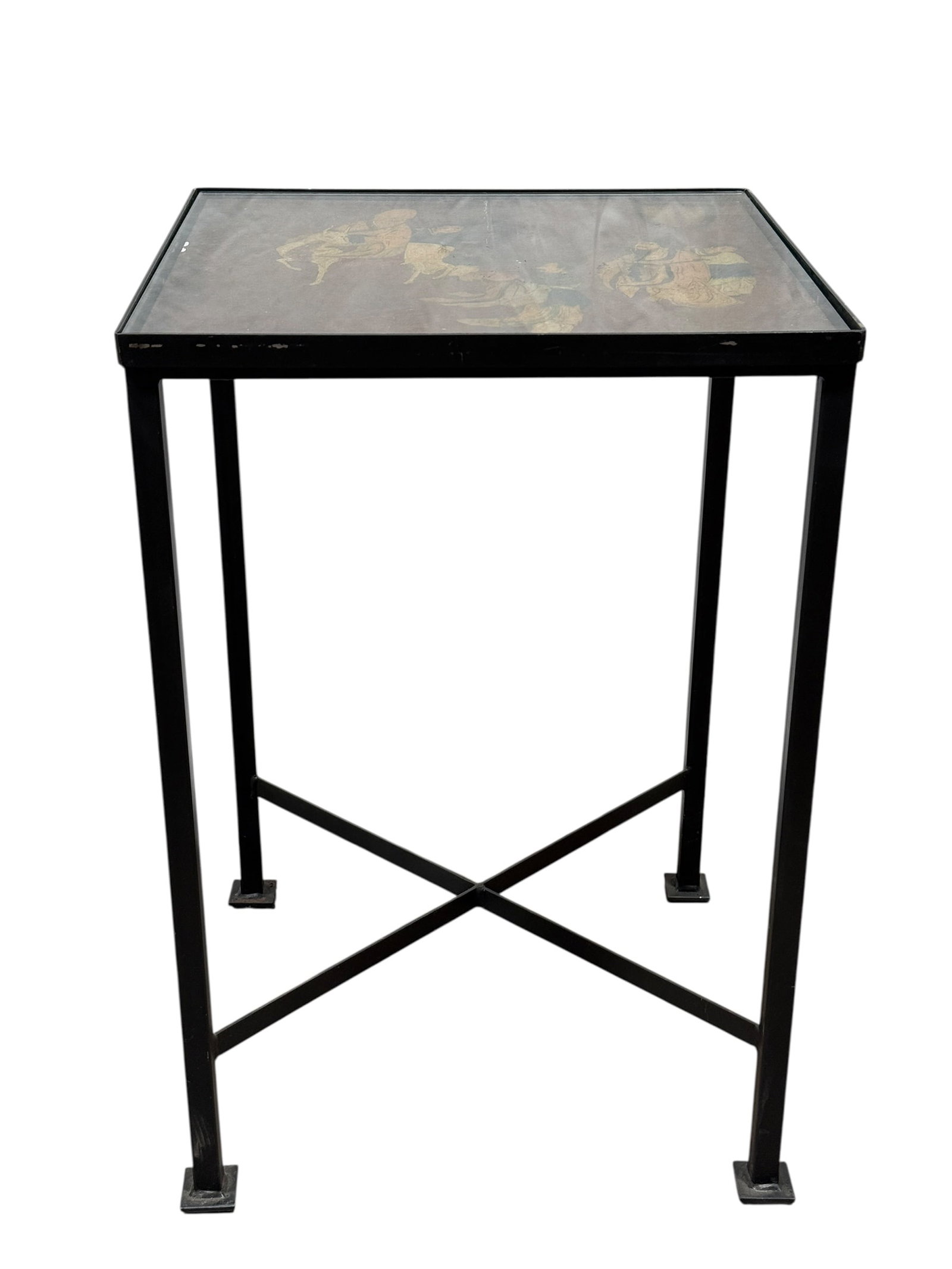 Chinese Coromandel Lacquer Panel Inset Iron Side Table: A contemporary or vintage square side table featuring a minimalist black-painted iron frame with straight legs, square feet, and an X-form stretcher base. The table incorporates a vintage or antique i