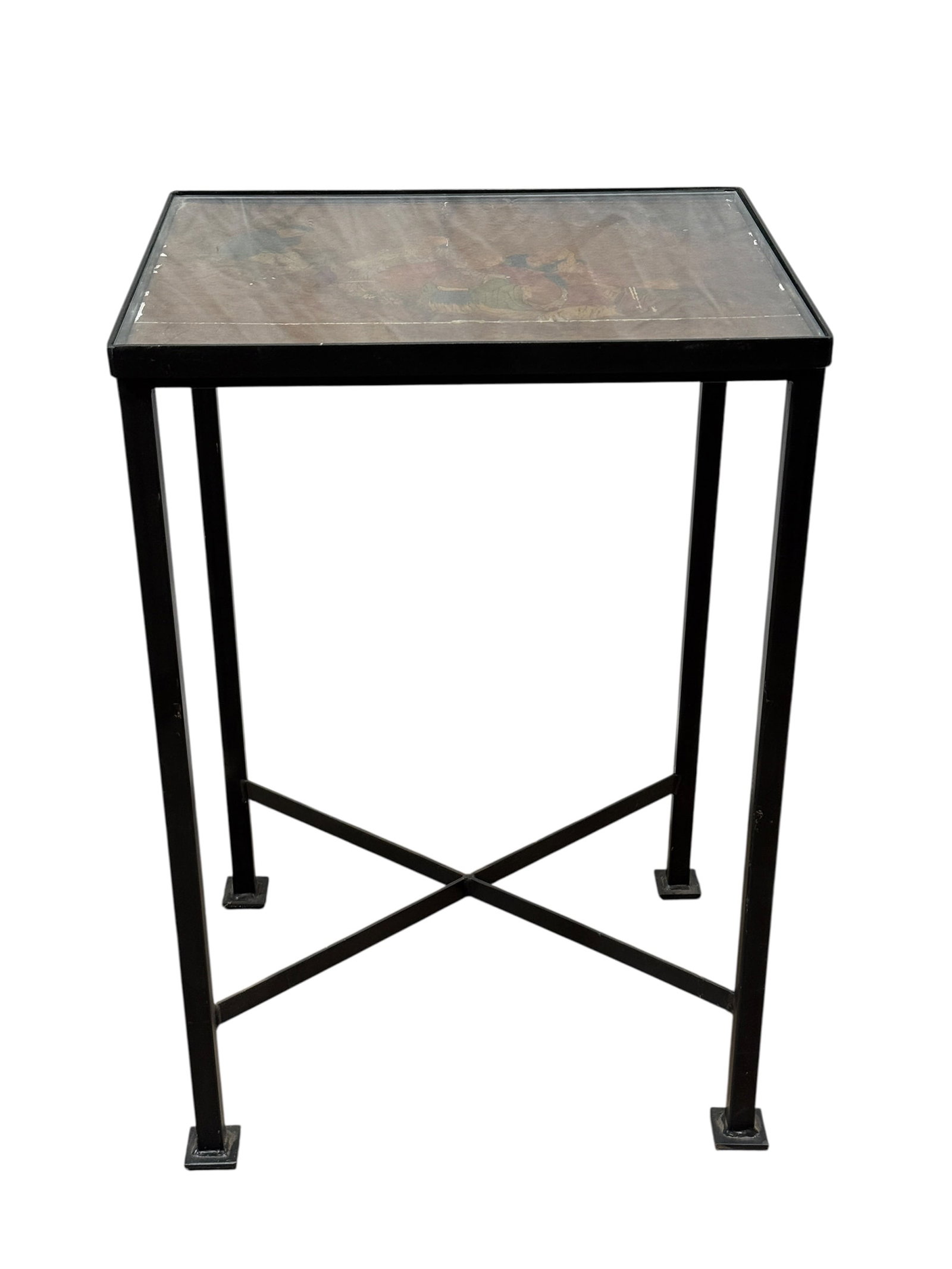 Chinese Coromandel Lacquer Panel Inset Iron Side Table: A square side table designed as a matching companion piece to the previous lot, featuring an identical minimalist black-painted iron frame with straight legs, square feet, and an X-form stretcher base