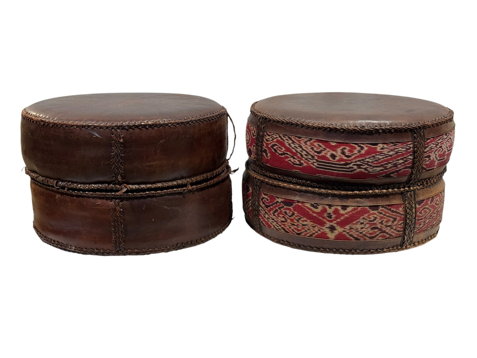 Lot of 4 Vintage Southeast Asian Ikat & Leather Floor Poufs (1 of 11)