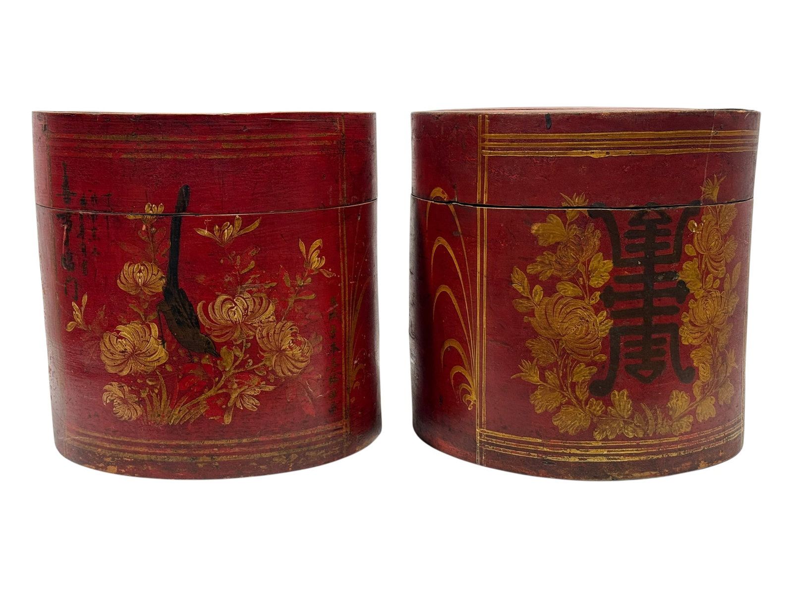 Pair of Antique Chinese Red Lacquer Hat Boxes (1 of 12)
