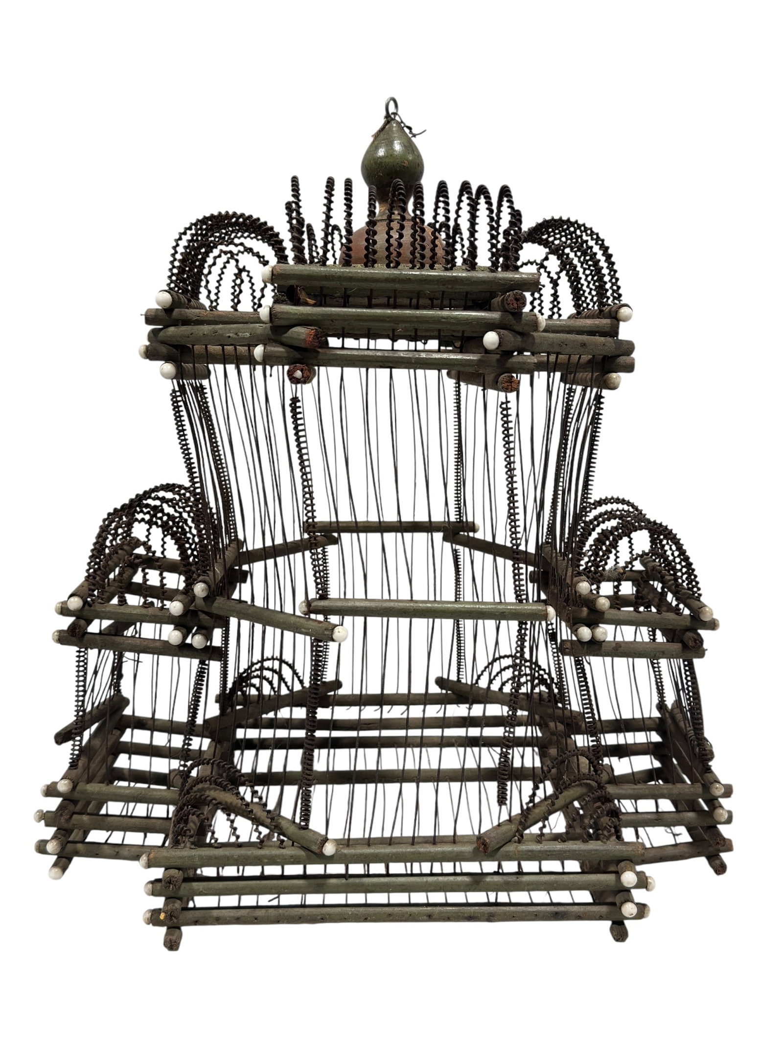 Antique Folk Art/Tramp Art Painted Wood & Wire Bird Cage: An antique American folk art or "Tramp Art" style bird cage, dating to the late 19th or early 20th century. The cage features an architectural, multi-tiered design constructed from layers of notched a