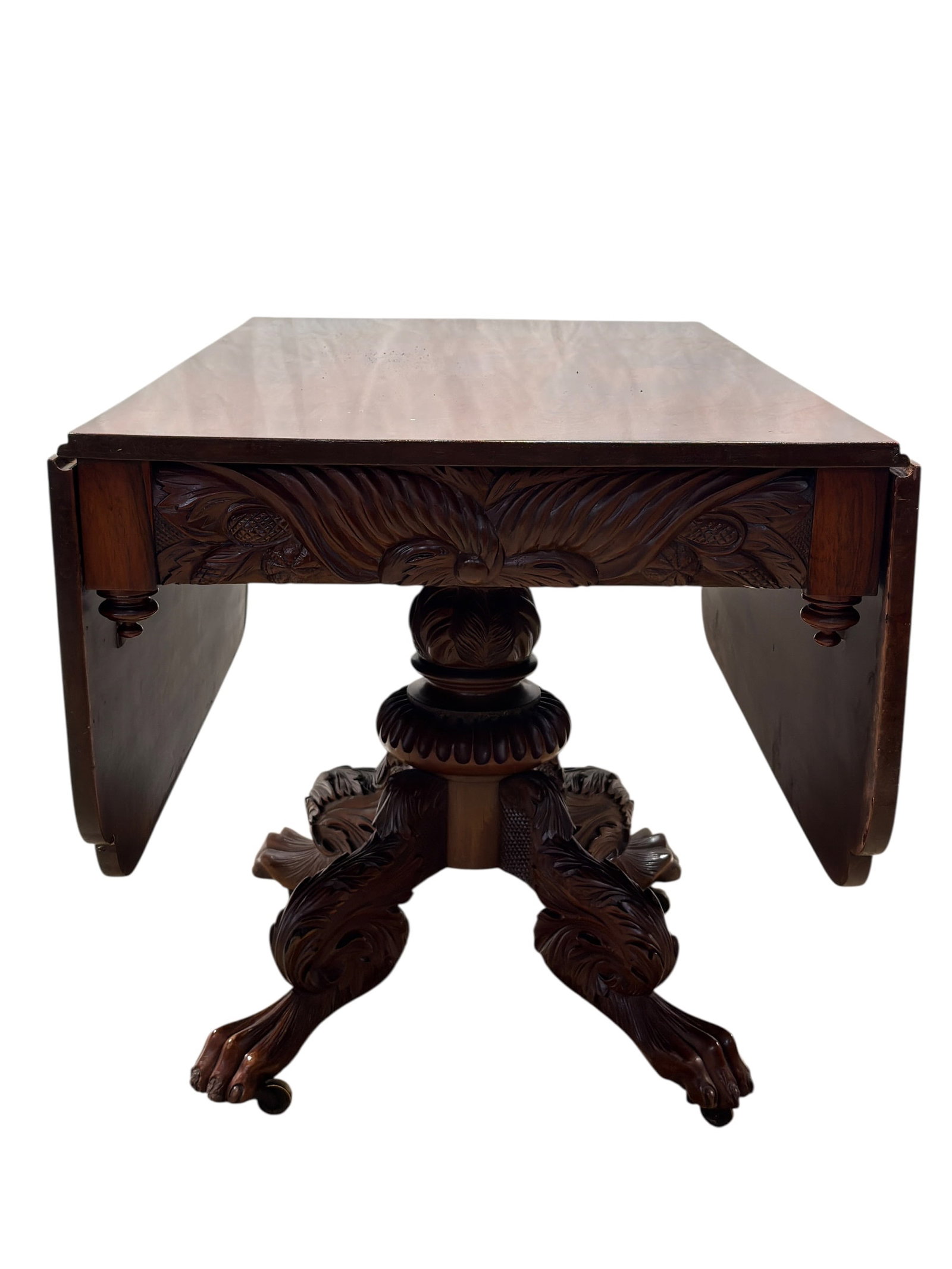 Antique Carved American Empire Flame Mahogany Drop-Leaf Pillar Table (1 of 12)