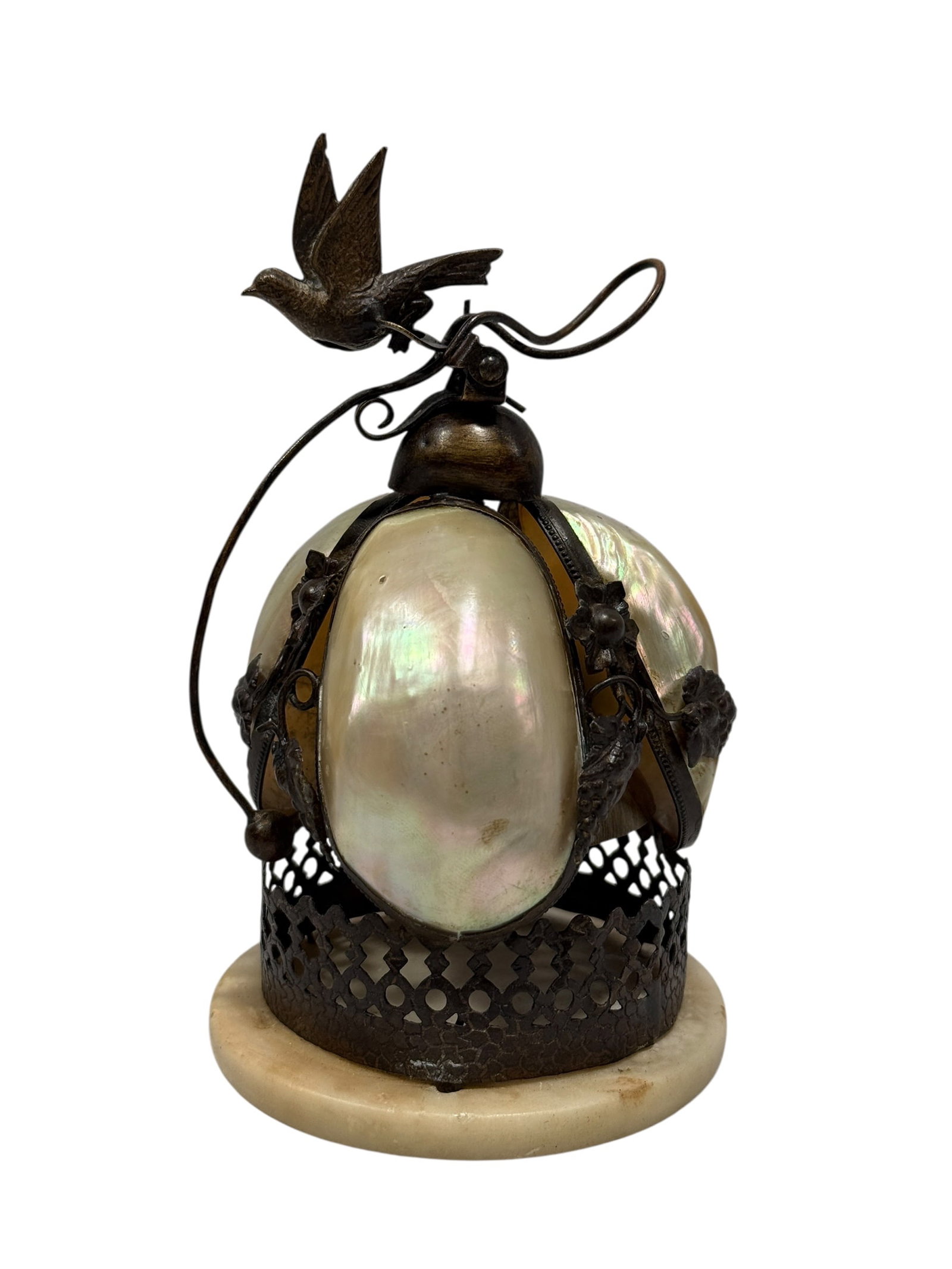19th C. French Palais Royal Mother of Pearl & Metal Bird Call Bell: A 19th-century French Palais Royal mechanical desk or call bell, designed with an ornate Grand Tour aesthetic. The novelty bell is styled in the form of an egg or dome, composed of three iridescent mo