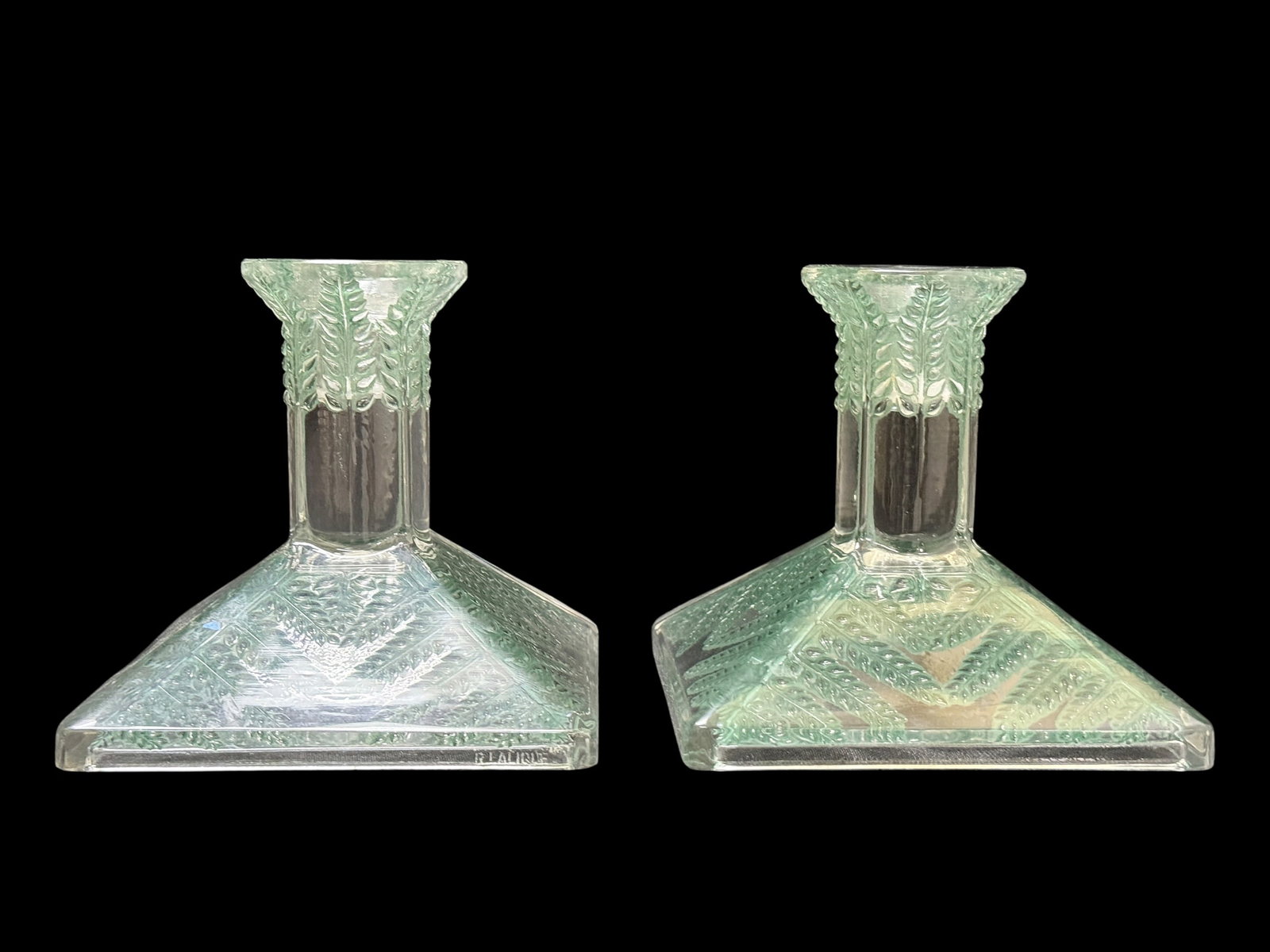 Extremely Rare Pair of Antique R. Lalique "Rameaux" Glass Candlesticks: A remarkably rare and seemingly unrecorded pair of Art Deco frosted and clear glass candlesticks in the "Rameaux" (Branches) pattern, designed by René Lalique circa 1934. While the standard productio