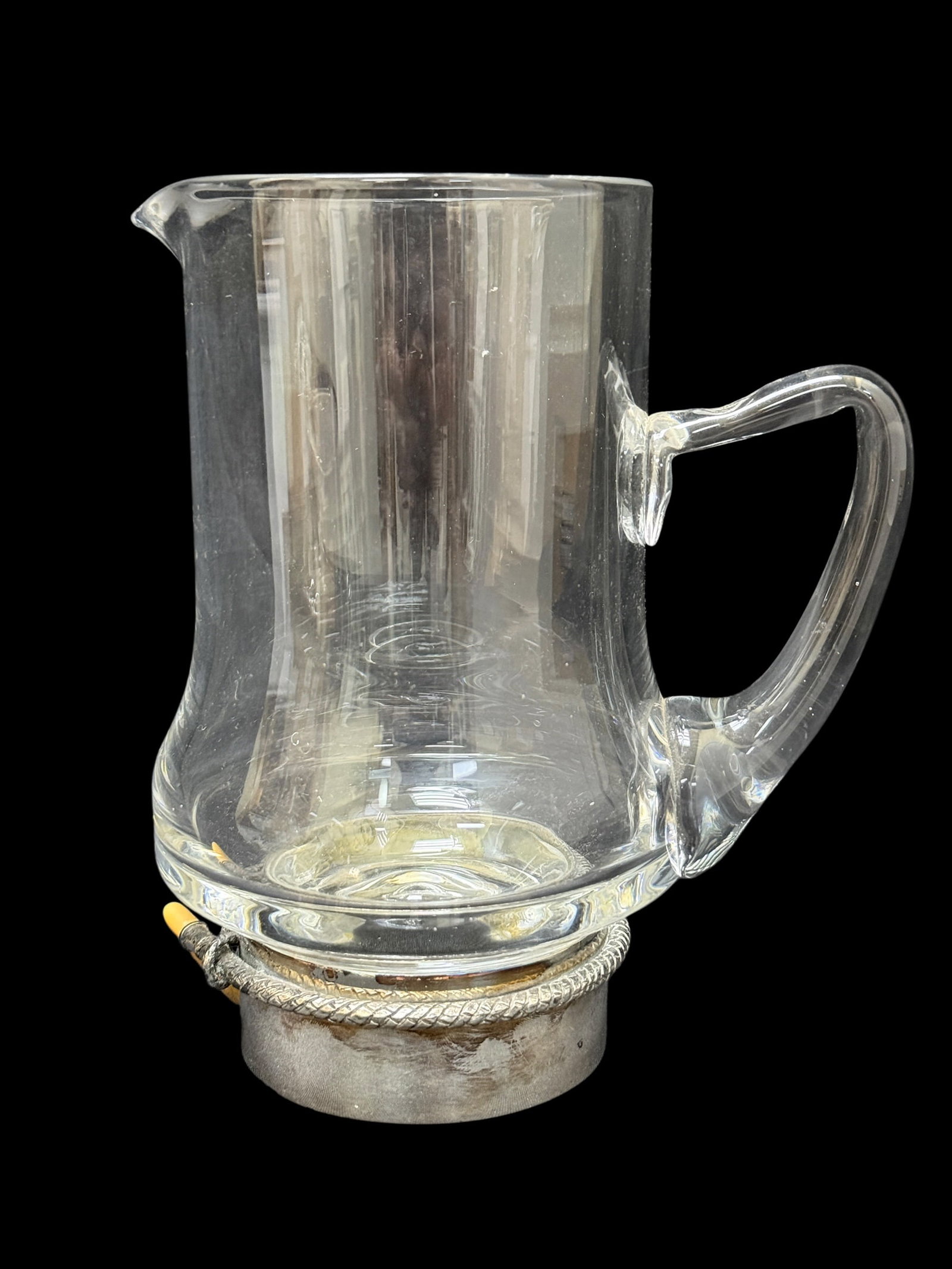 RARE Gucci Silver & Glass Pitcher w/ Bone & Rope Twist Accent: A vintage luxury mid-century style barware small glass pitcher or creamer produced in Italy by Gucci. The piece features a clear, contoured glass body with a prominent molded pouring spout and an eleg