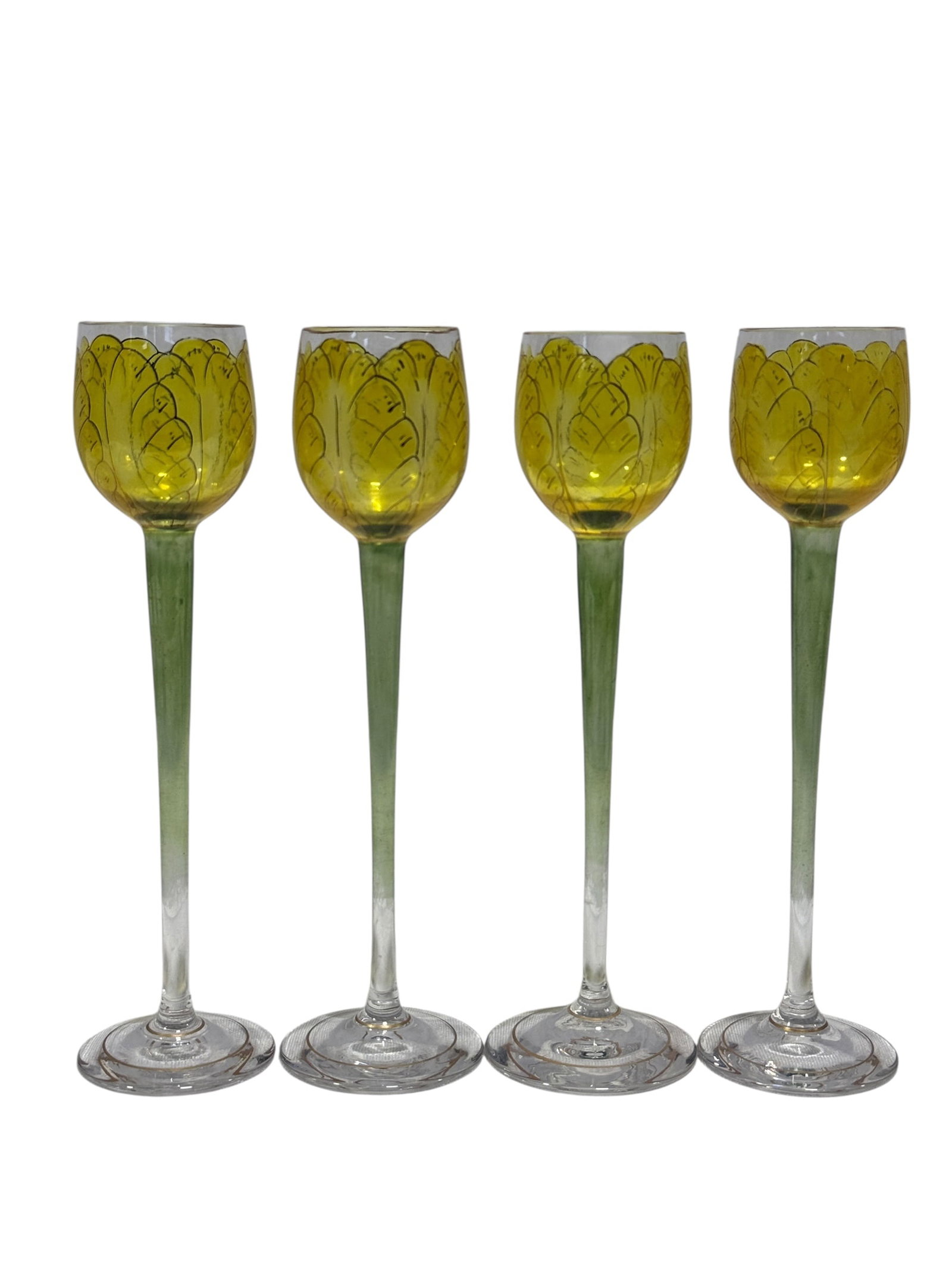 (4) Meyr’s Neffe Art Nouveau Floral Cordial Glasses for Moser: An elegant set of four hand-painted Bohemian art glass cordial stems, produced by Meyr’s Neffe for Moser, reflecting the delicate botanical whimsy of the Art Nouveau period. Each piece features a ro