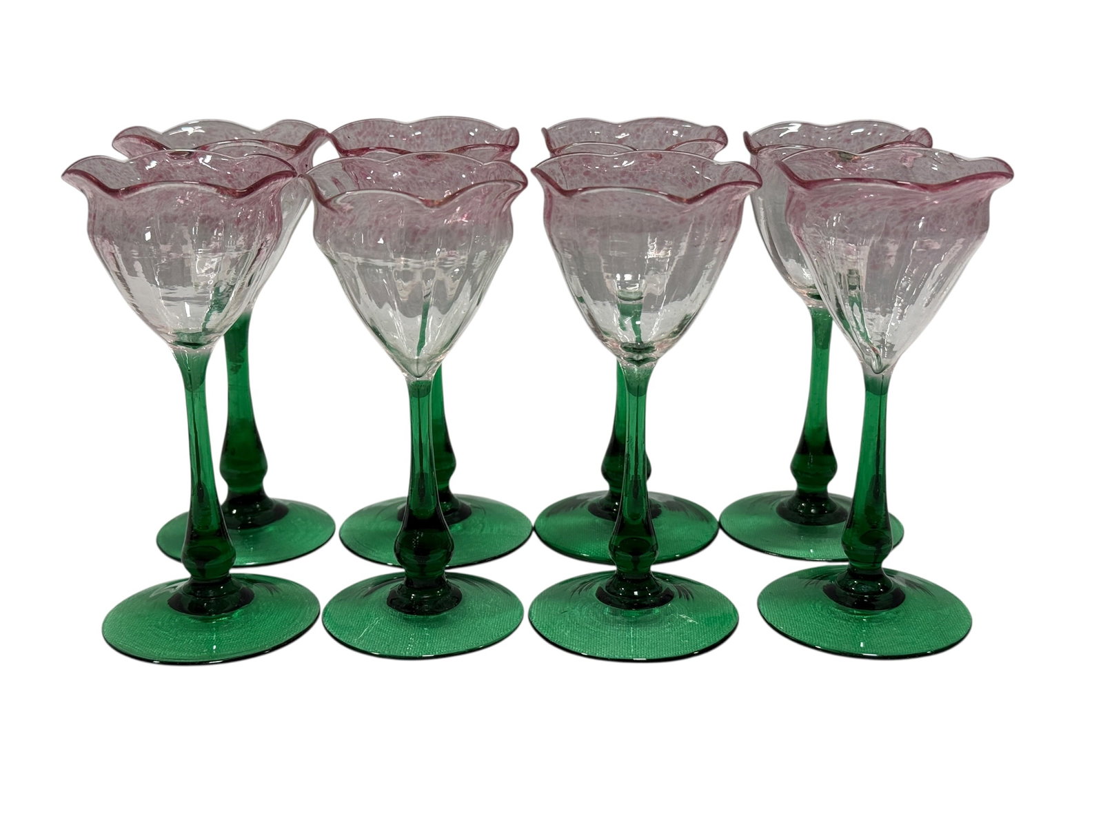 (8) Vintage Venetian Style Blown Glass Floral Cordial Stems: A charming set of eight vintage hand-blown art glass cordial or liqueur stems, showcasing classic Murano-style craftsmanship and a distinct, flower-like botanical design. Each glass is styled to resem