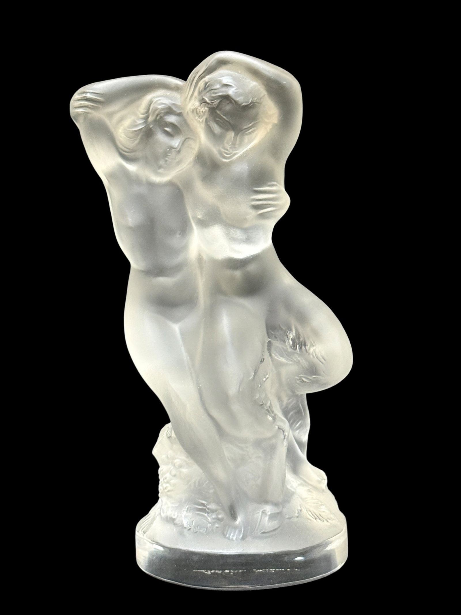 Signed Lalique France Frosted Crystal "Le Faune" Pan & Diana Figurine: An exceptional mid-to-late 20th-century French molded and satin-finished frosted crystal figural group titled "Le Faune" (also known as Pan and Diana), beautifully showcasing the classical elegance an