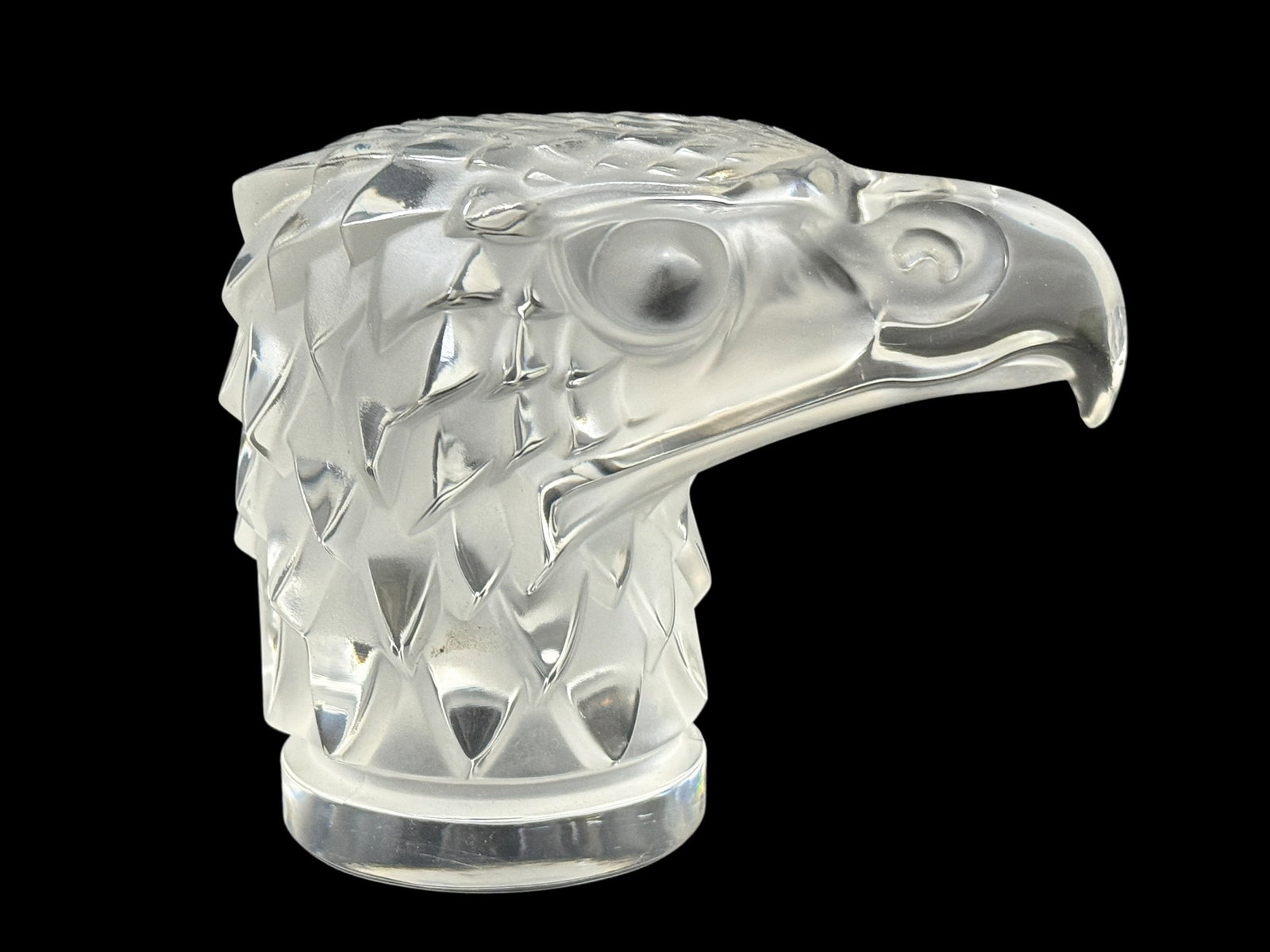 Signed Lalique Frosted Crystal "Eagle Head" Car Mascot/Paperweight: An impressive French frosted crystal sculpture titled "Eagle Head" (Tête d'Aigle) by Lalique. Originally designed by René Lalique in 1928 as a luxury automobile glass hood ornament (car mascot) and 