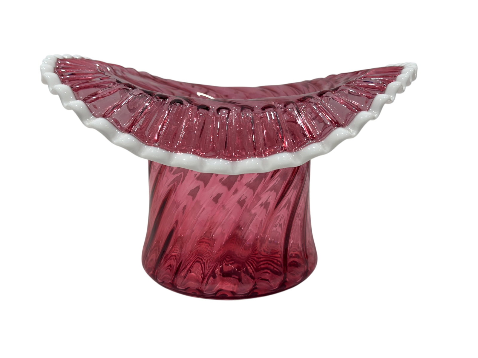 Fenton Cranberry "Snowcrest" Hat Vase: This charming and highly collectible "hat" vase is a classic piece of American art glass, showcasing the "Snowcrest" technique popularized by Fenton. The piece is crafted in a deep, vibrant cranberry 