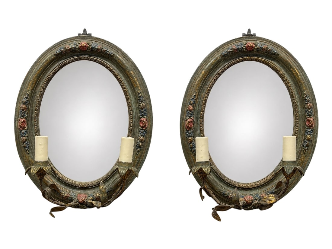 Pair of 19th C. French Louis XVI Style Painted Oval Mirrored Wall Sconces (1 of 8)