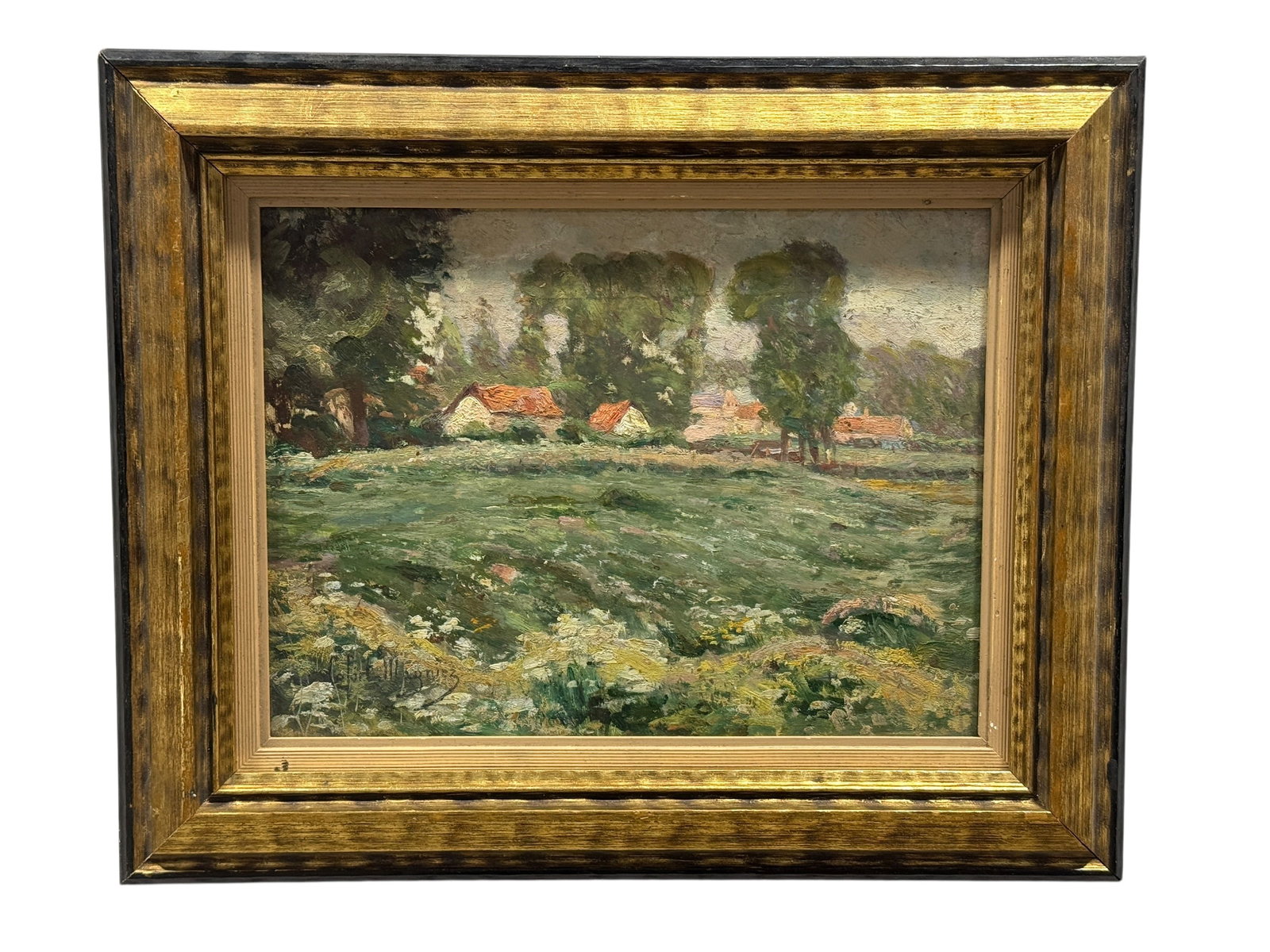 Signed Lefort-Magniez Arts & Crafts Impressionist Landscape Oil Painting on Board: An evocative early 20th-century Arts & Crafts style Impressionist landscape painting by French artist Edward Lefort-Magniez (1871–1938). Executed in oil on board, the composition depicts a tranquil,