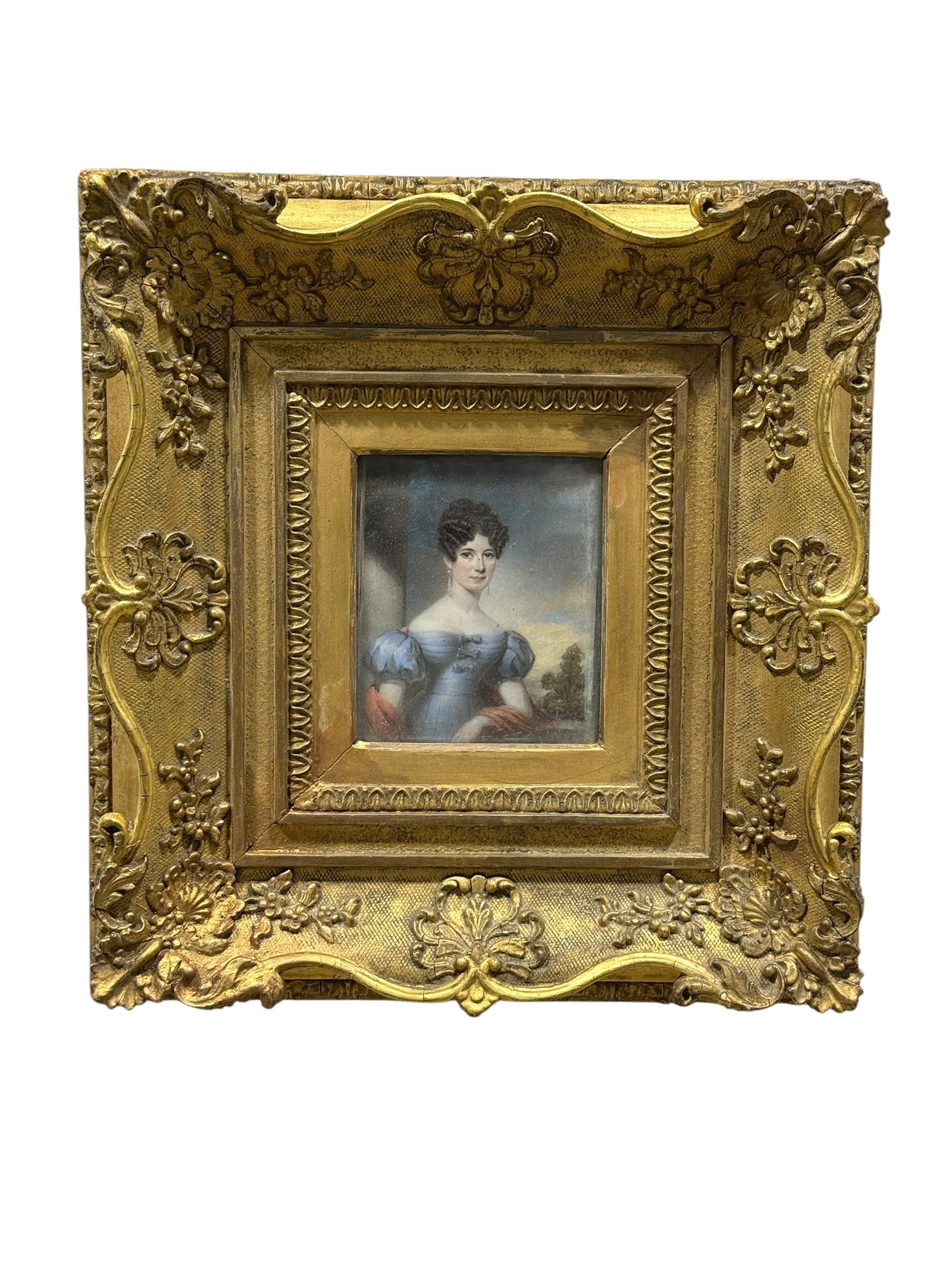 19th Century Regency Miniature Portrait Painting of a Lady: A fine early 19th-century Regency period miniature portrait painting, likely watercolor and gouache on ivory or card, depicting an elegant young lady. The sitter is styled with a classic Regency updo 