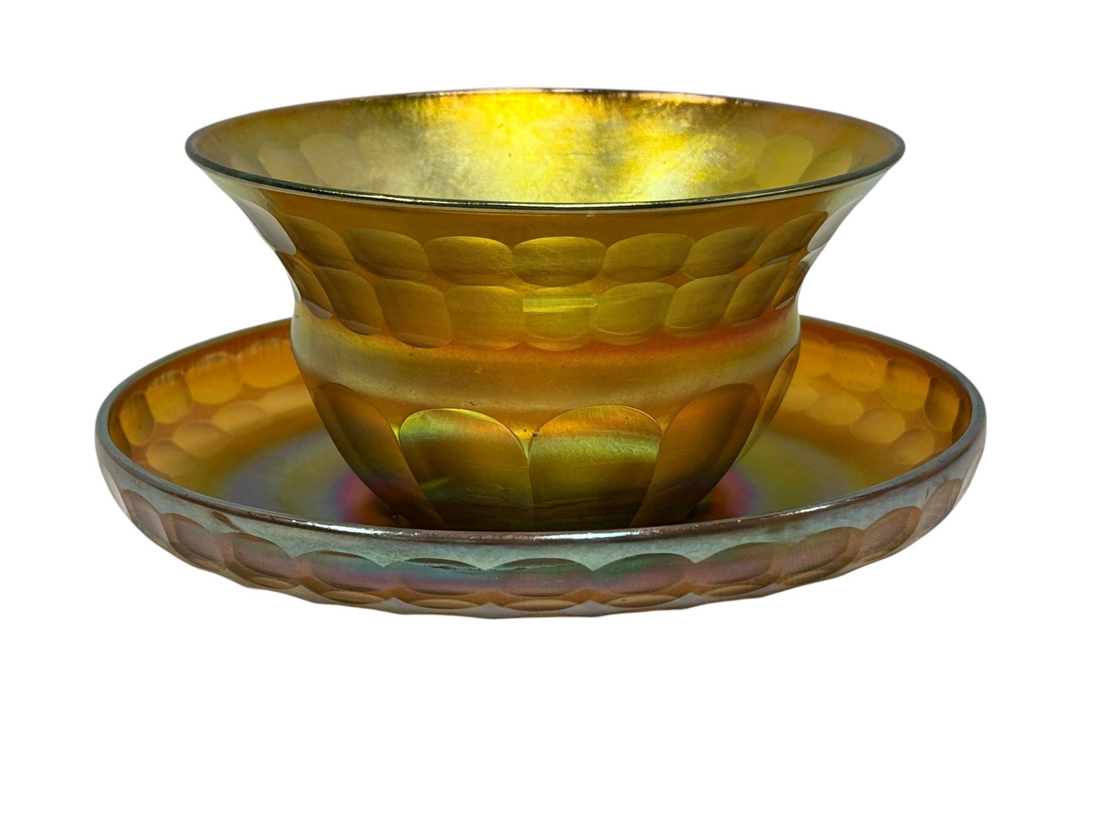L.C.T. Favrile Gold Iridescent Optic Molded Finger Bowl & Underplate: This is a beautiful, authentic two-piece art glass finger bowl set with its matching underplate, crafted by Tiffany Studios New York. Both pieces are executed in Louis Comfort Tiffany’s signature Go
