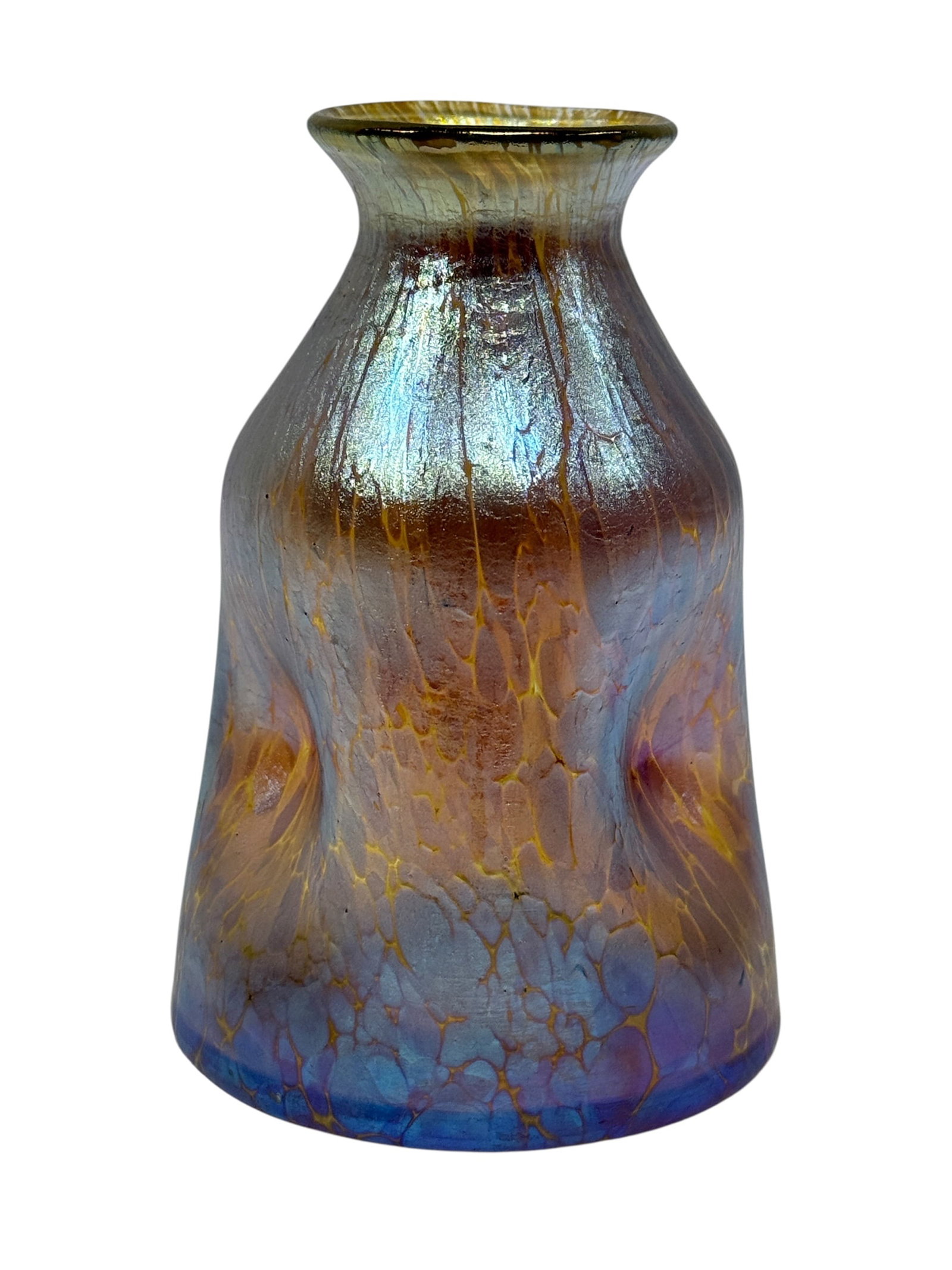 Loetz "Papillon" Pinched Iridescent Art Glass Vase, c. 1900: This is an authentic Bohemian Art Nouveau iridescent glass vase crafted by the renowned glassworks Loetz (Bohemia). The piece features the highly desirable Candia Papillon decoration, characterized by