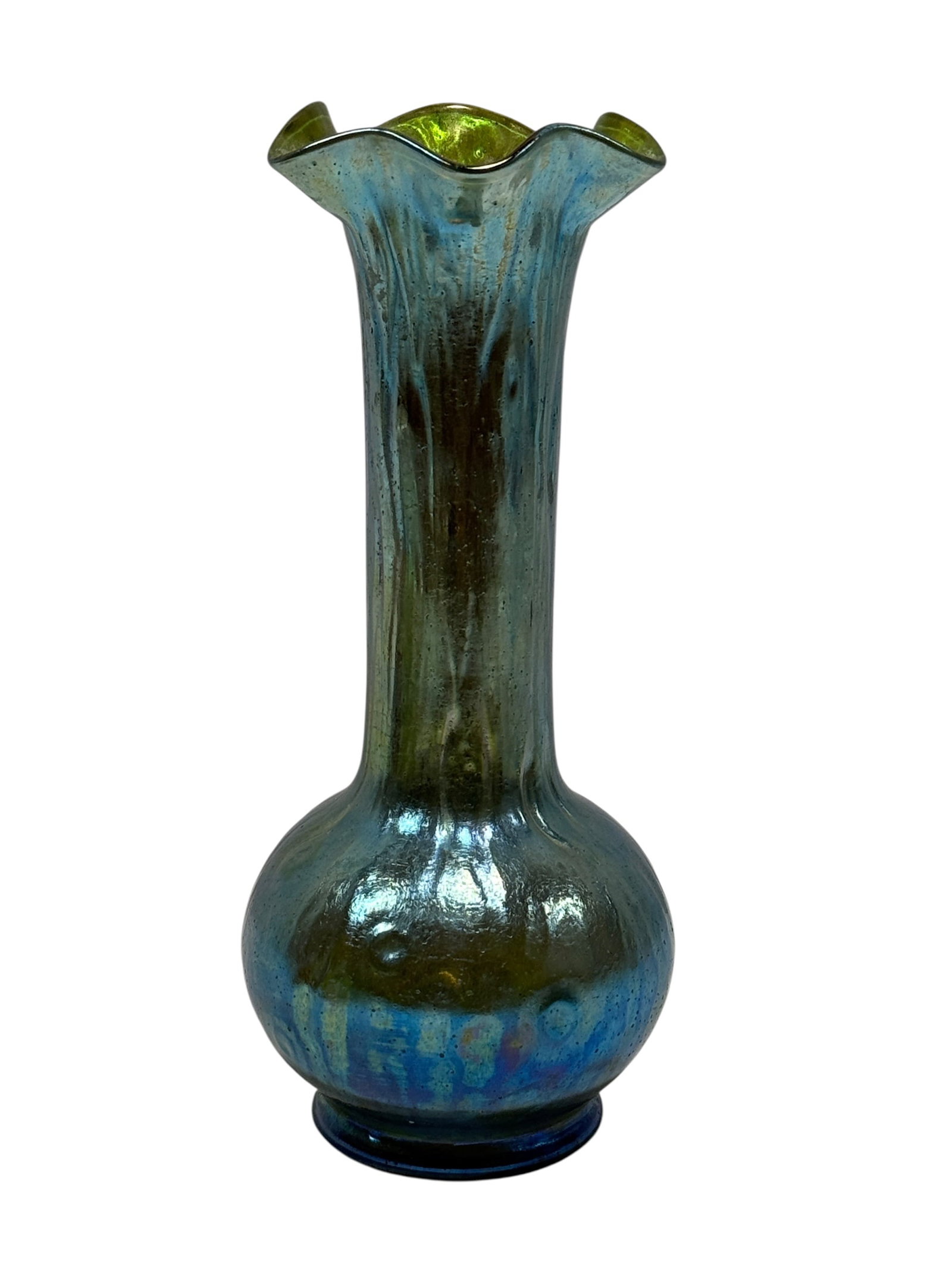 Loetz "Creta Rusticana" Ruffled Iridescent Art Glass Vase, c. 1900: This is an authentic Bohemian Art Nouveau iridescent glass vase by Loetz (Klostermühle, Bohemia), representing the highly organic Rusticana series. The vase is executed in the Creta colorway, featuri