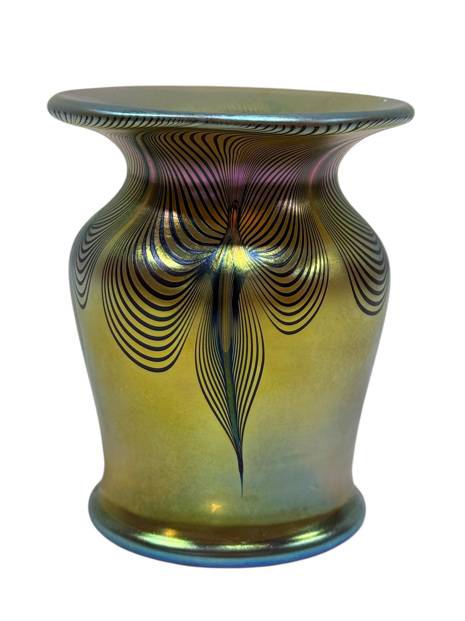 Zephyr Glassworks Gold Aurene Iridescent Pulled Feather Uranium Glass Vase (1 of 13)