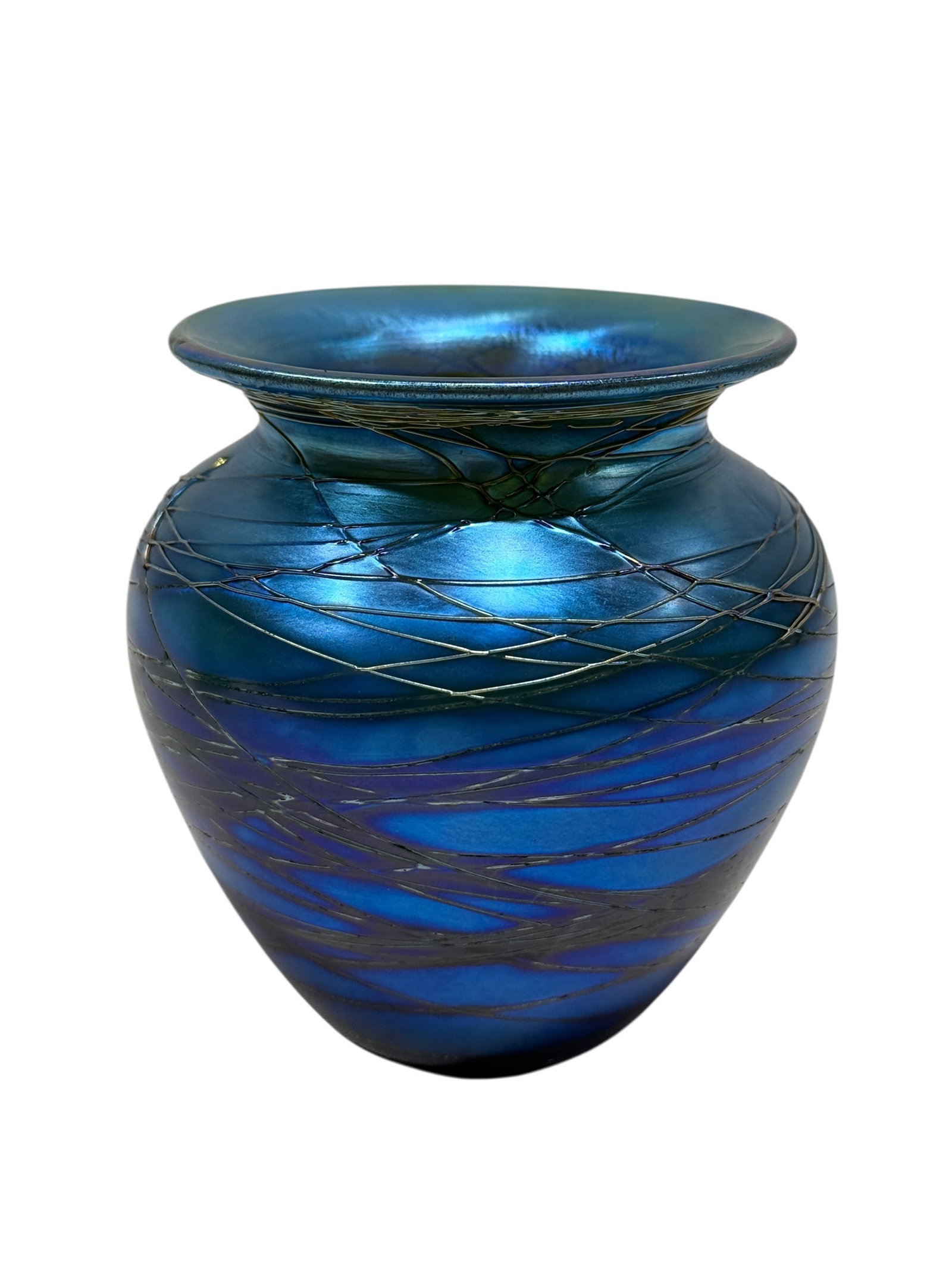 Durand Threaded Blue Iridescent Art Glass Vase: This is a beautiful example of early 20th-century American art glass produced by the Vineland Flint Glass Works (Durand Art Glass) of Millville, New Jersey, circa 1924–1931. The classic squat, balus