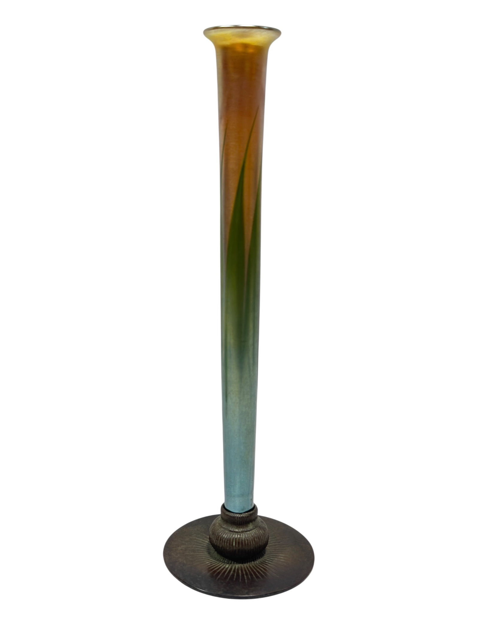 Tiffany Studios Favrile Glass Bud Vase in Gilt Bronze "Radial" Base (1 of 10)