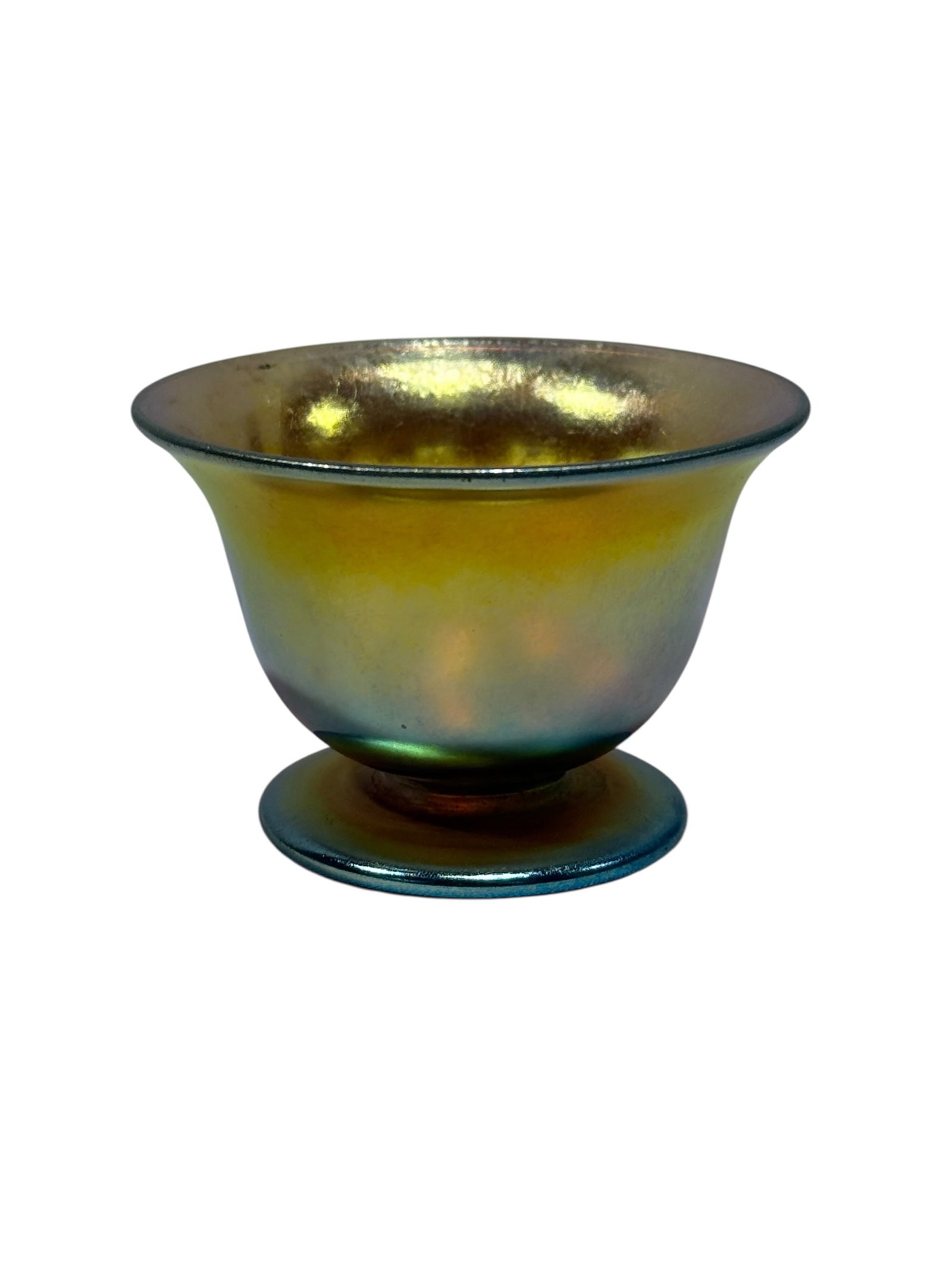 Steuben Gold Aurene Iridescent Footed Open Salt Cellar: This is a beautiful, early 20th-century American art glass open salt cellar produced by the Steuben Glass Works of Corning, New York, under the direction of Frederick Carder, circa 1905–1920. The pi