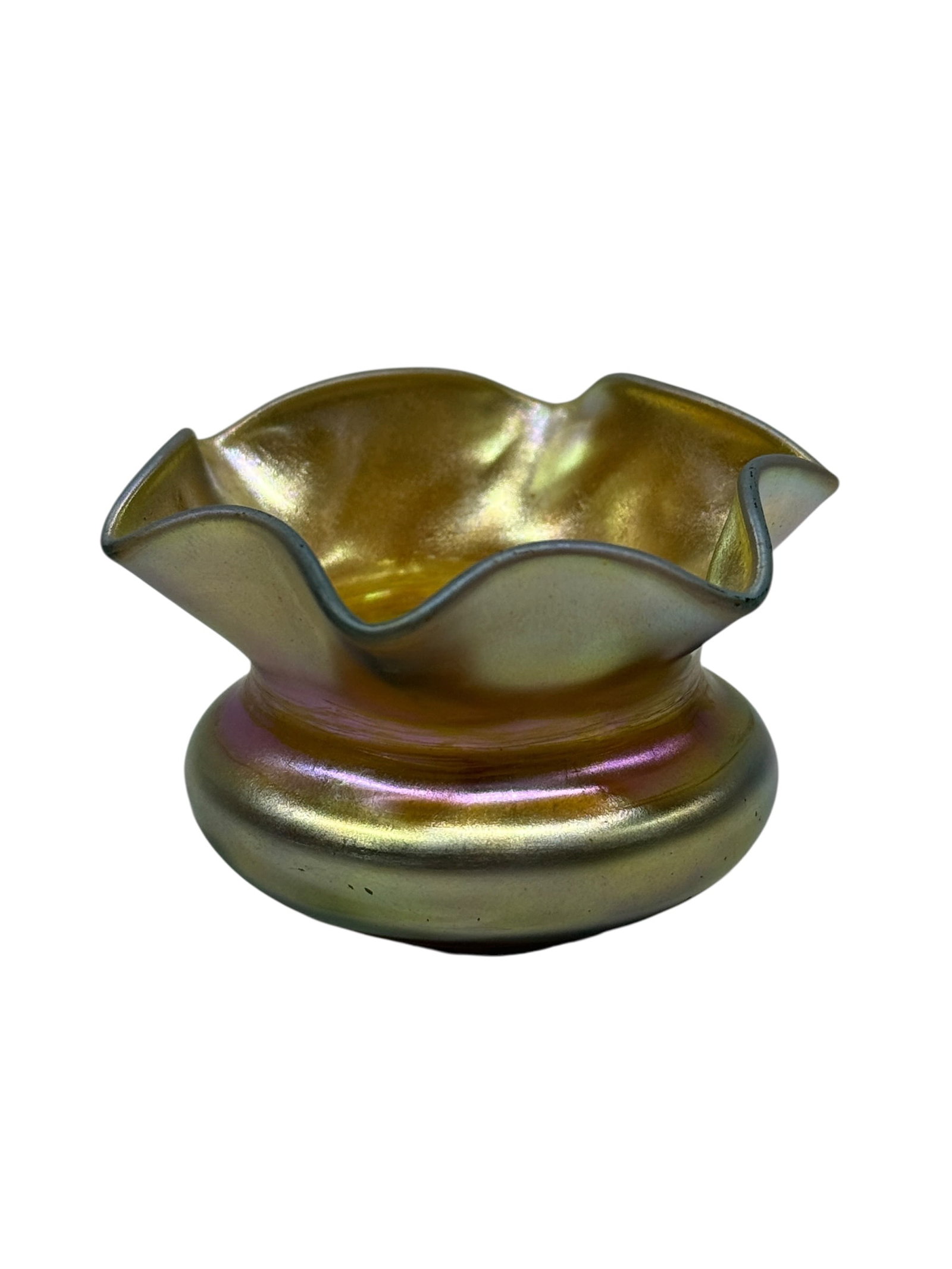 Steuben Gold Aurene Iridescent Ruffled Mini Vase: This is a beautiful, early 20th-century American art glass miniature vase produced by the Steuben Glass Works of Corning, New York, under the artistic direction of Frederick Carder, circa 1905–1920.
