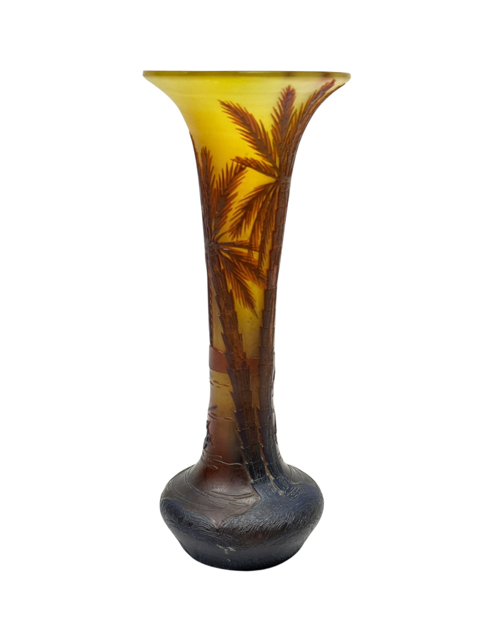 De Vez French Cameo Glass Tropical Palm Tree Bud Vase: This is a fine example of French Art Nouveau cameo glass produced under the art direction of E. S. de Vignard for the Cristallerie de Pantin near Paris, France, circa 1910–1920. The elegant, slender