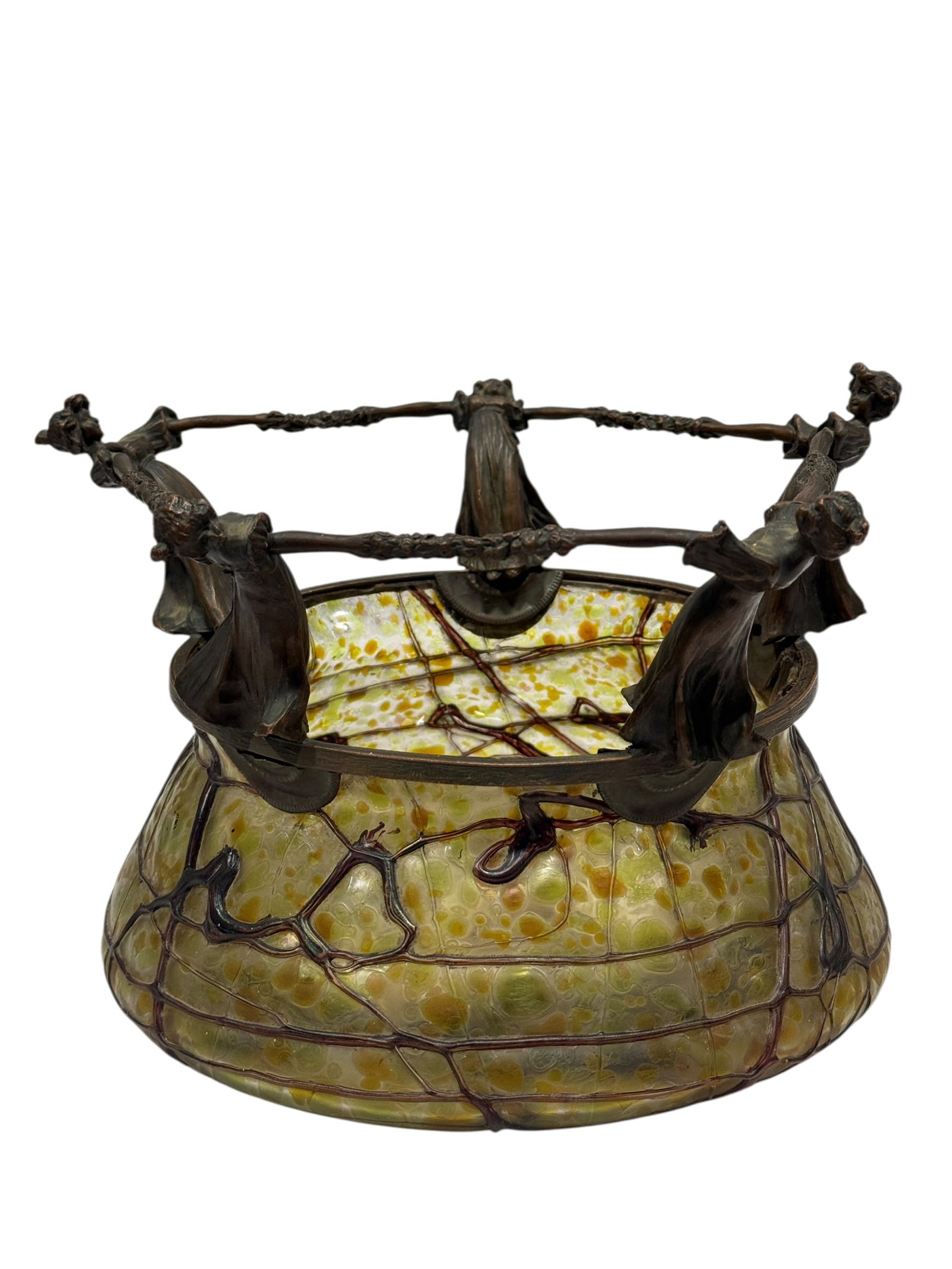 Art Nouveau Loetz Glass Centerpiece Bowl in Figural "Ring around the Roses" Copper Mount: This is an exceptionally rare and important Art Nouveau centerpiece bowl executed by the Bohemian art glass masters Loetz. The hand-blown glass vessel features a vibrant, mottled yellow and lime-green