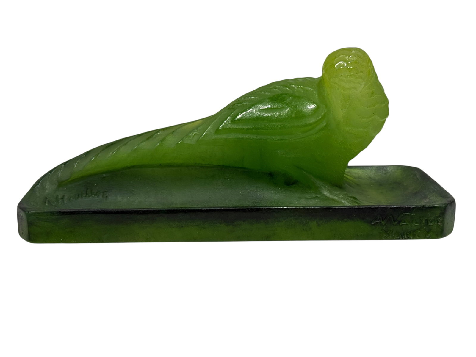 Signed French Art Deco Amalric Walter "Budgerigar" Pate-de-Verre Paperweight: This is an authentic, rare French Art Deco paperweight or small sculpture meticulously executed in the demanding pâte-de-verre (paste of glass) technique by the master glassmaker Amalric Walter in Na