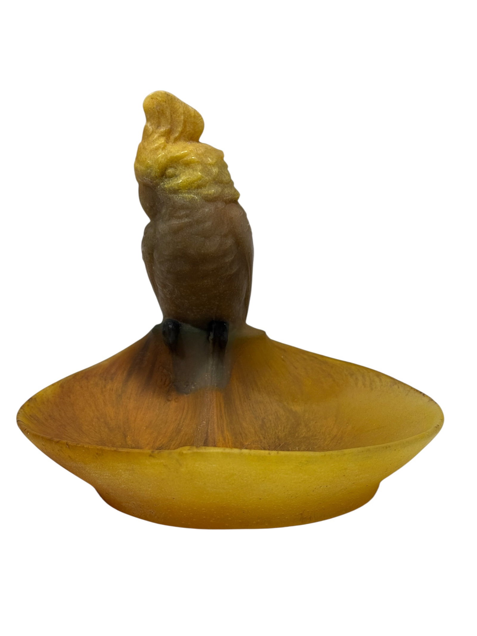 Signed French Art Deco Amalric Walter "Cockatoo" Pate-de-Verre Vide-Poche: This is an authentic and rare French Art Deco vide-poche (trinket tray) or small sculptural dish, masterfully executed in the complex pâte-de-verre (glass paste) technique by the celebrated glassmake